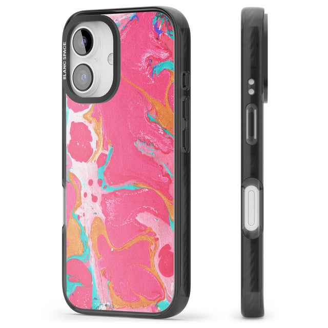 iPhone 16 Pro Max Pink, Orange & Turquoise Marbled Paper Pattern Black Impact Phone Case