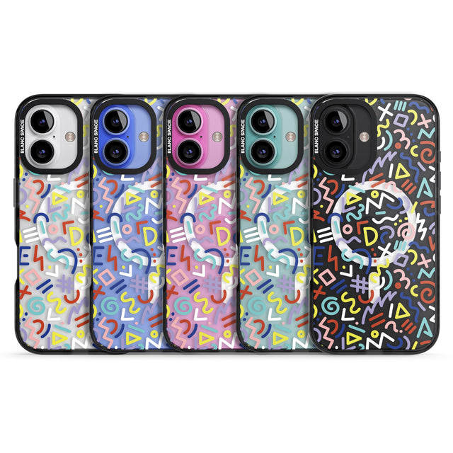 iPhone 16 Pro Max Colourful Mixed Shapes Retro Pattern Design Black Impact Phone Case