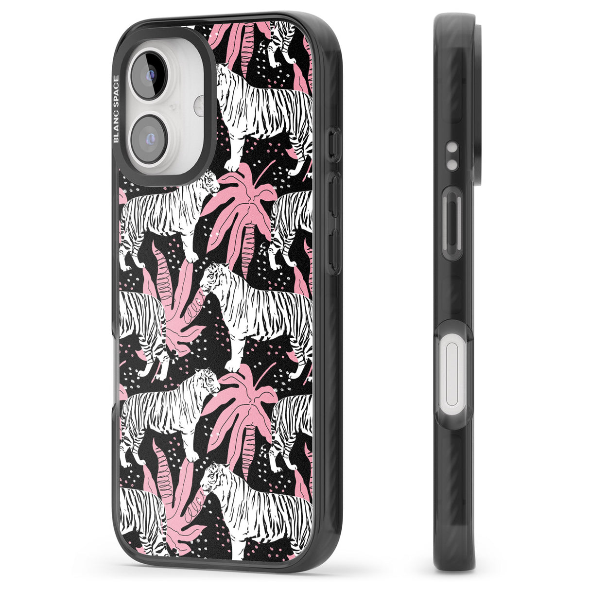 iPhone 16 Pro Max White Tigers on Black Pattern Black Impact Phone Case