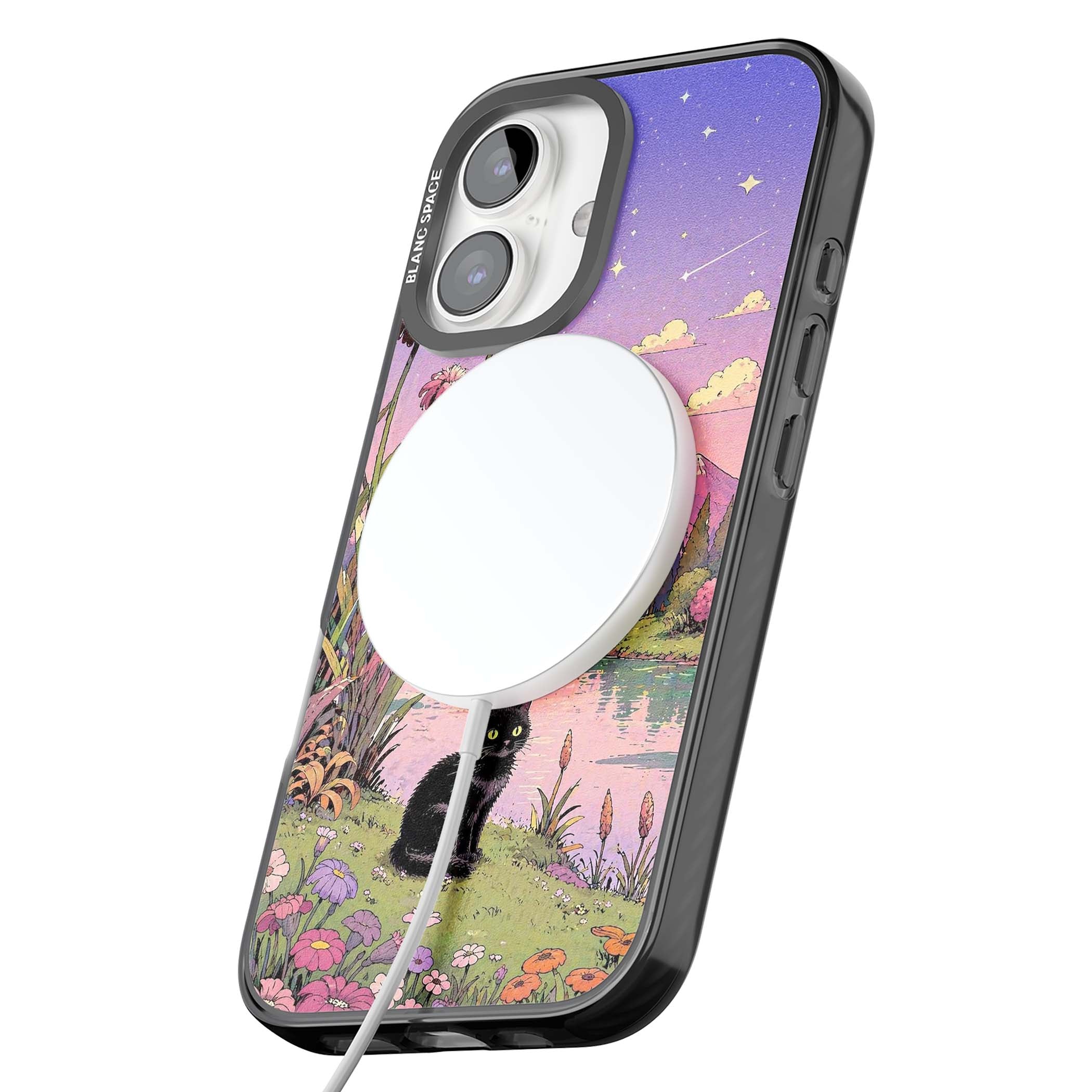 Mystic Whiskers ghibli iPhone case featuring a black cat by a pastel lake, wildflowers and a starry sunset sky | Black Impact Magsafe case for iPhone 16, iPhone 16 Plus