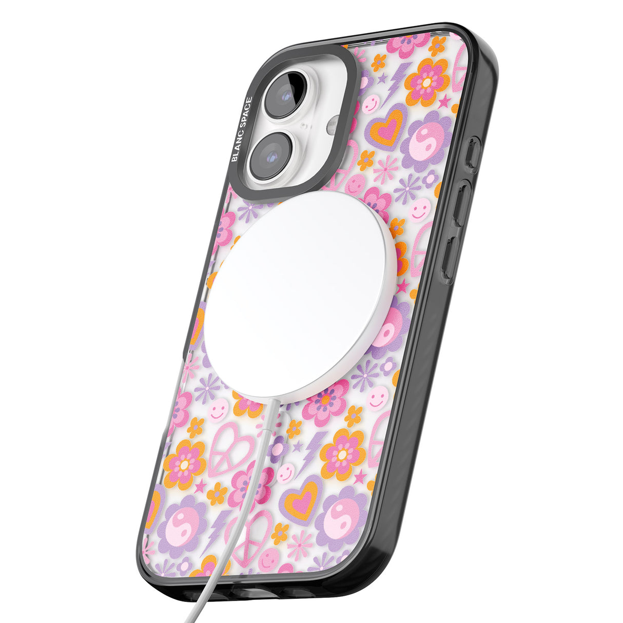 iPhone 16 Pro Max Peace, Love and Flowers Pattern Black Impact Phone Case