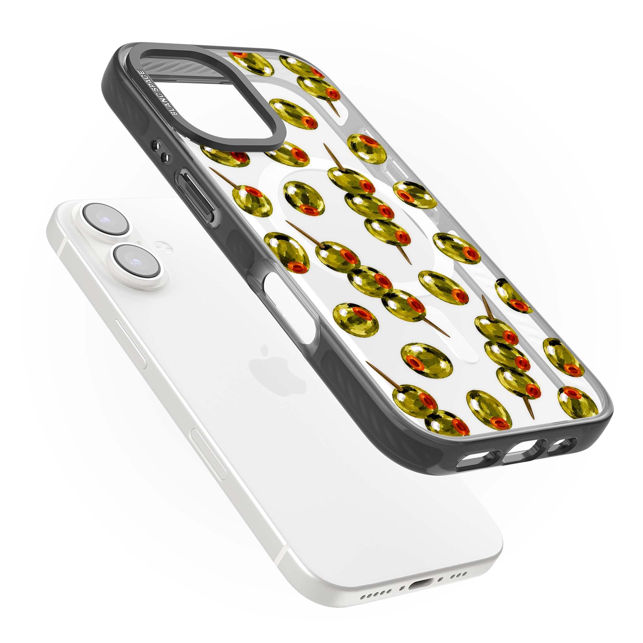 Painted Olives cocktail iPhone case featuring green olives, pimento centres and toothpick skewers on a clear background | Black Impact Magsafe case for iPhone 16, iPhone 16 Plus