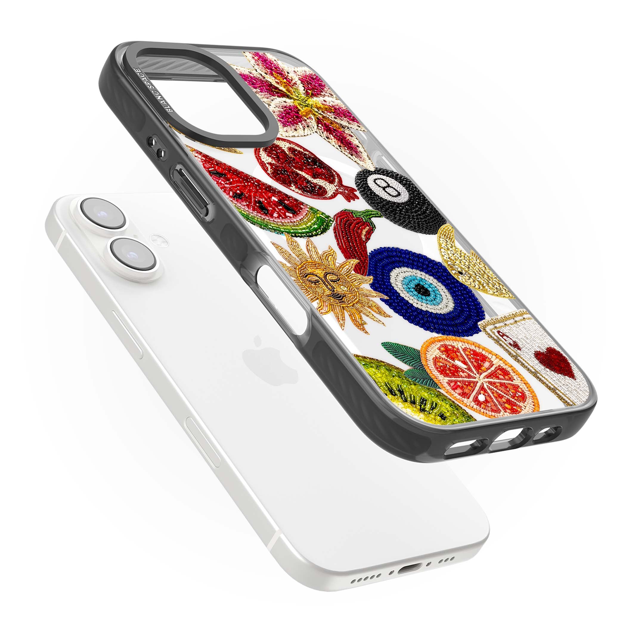 Beaded Charms embroidery iPhone case featuring beaded evil eye, fruit patches and a golden sun motif | Black Impact Magsafe case for iPhone 16, iPhone 16 Plus