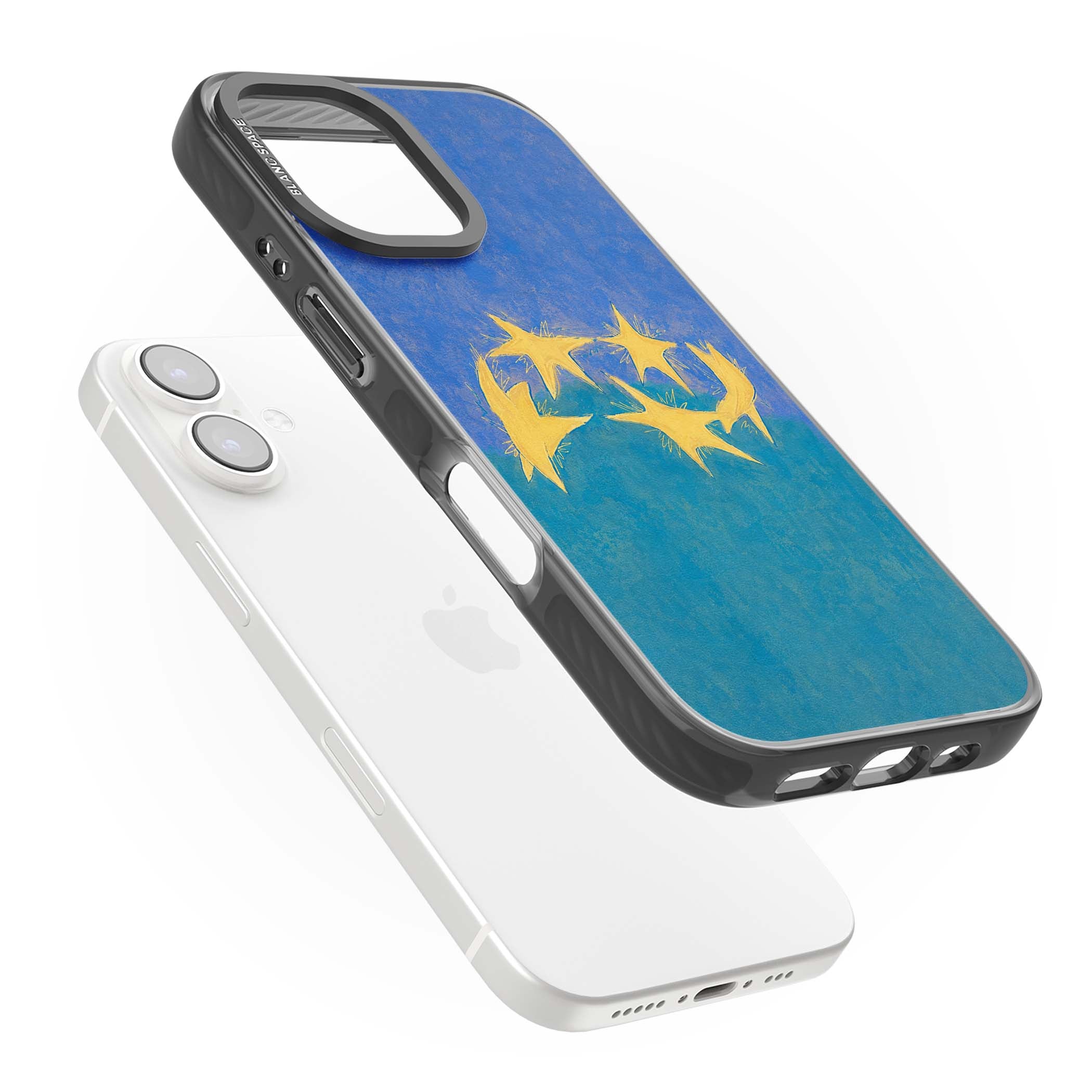 Star Boogie stars aesthetic iPhone case featuring five yellow hand-painted stars on cobalt blue and teal | Black Impact Magsafe case for iPhone 16, iPhone 16 Plus