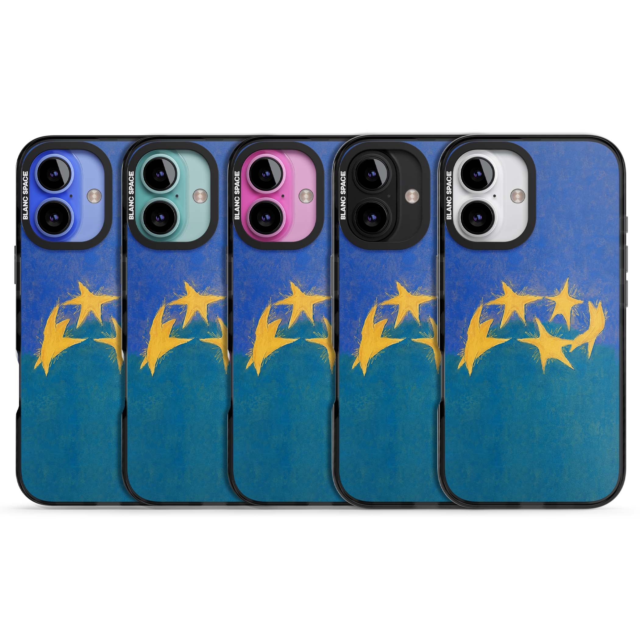 Star Boogie stars aesthetic iPhone case featuring five yellow hand-painted stars on cobalt blue and teal | Black Impact Magsafe case for iPhone 16, iPhone 16 Plus
