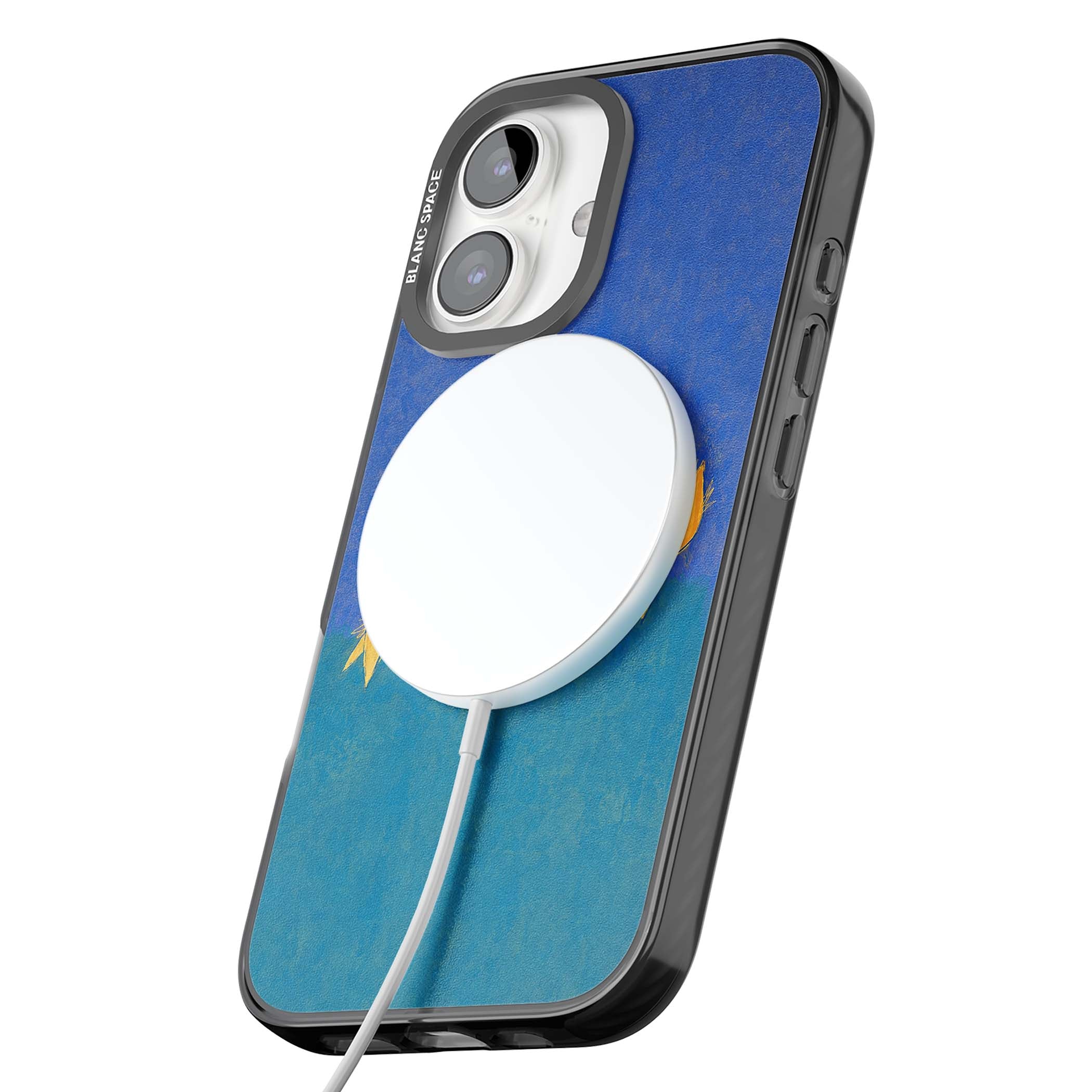 Star Boogie stars aesthetic iPhone case featuring five yellow hand-painted stars on cobalt blue and teal | Black Impact Magsafe case for iPhone 16, iPhone 16 Plus