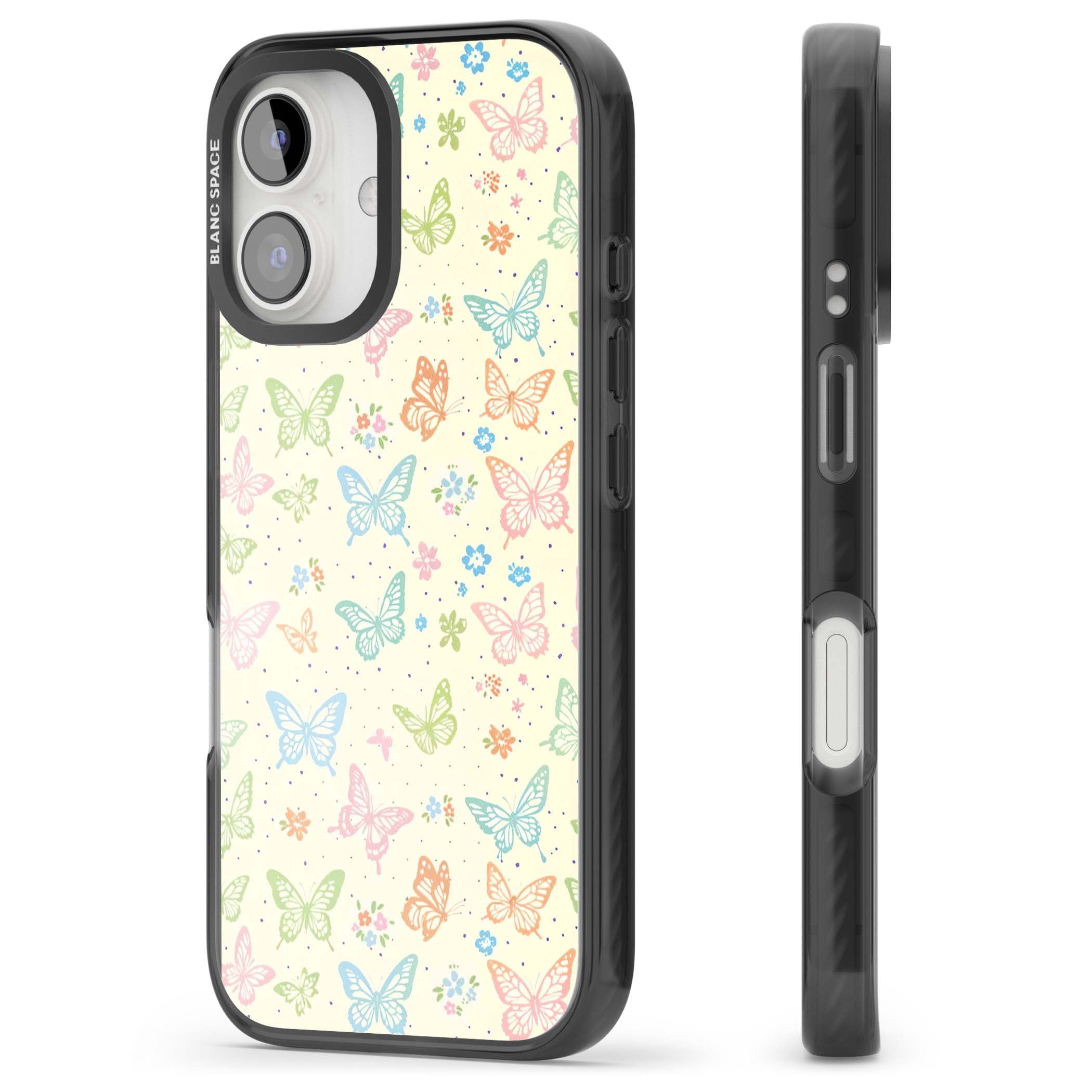 Sugar Wings cottagecore iPhone case featuring rainbow pastel butterflies, tiny wildflowers, and a cream background | Black Impact Magsafe case for iPhone 16, iPhone 16 Plus
