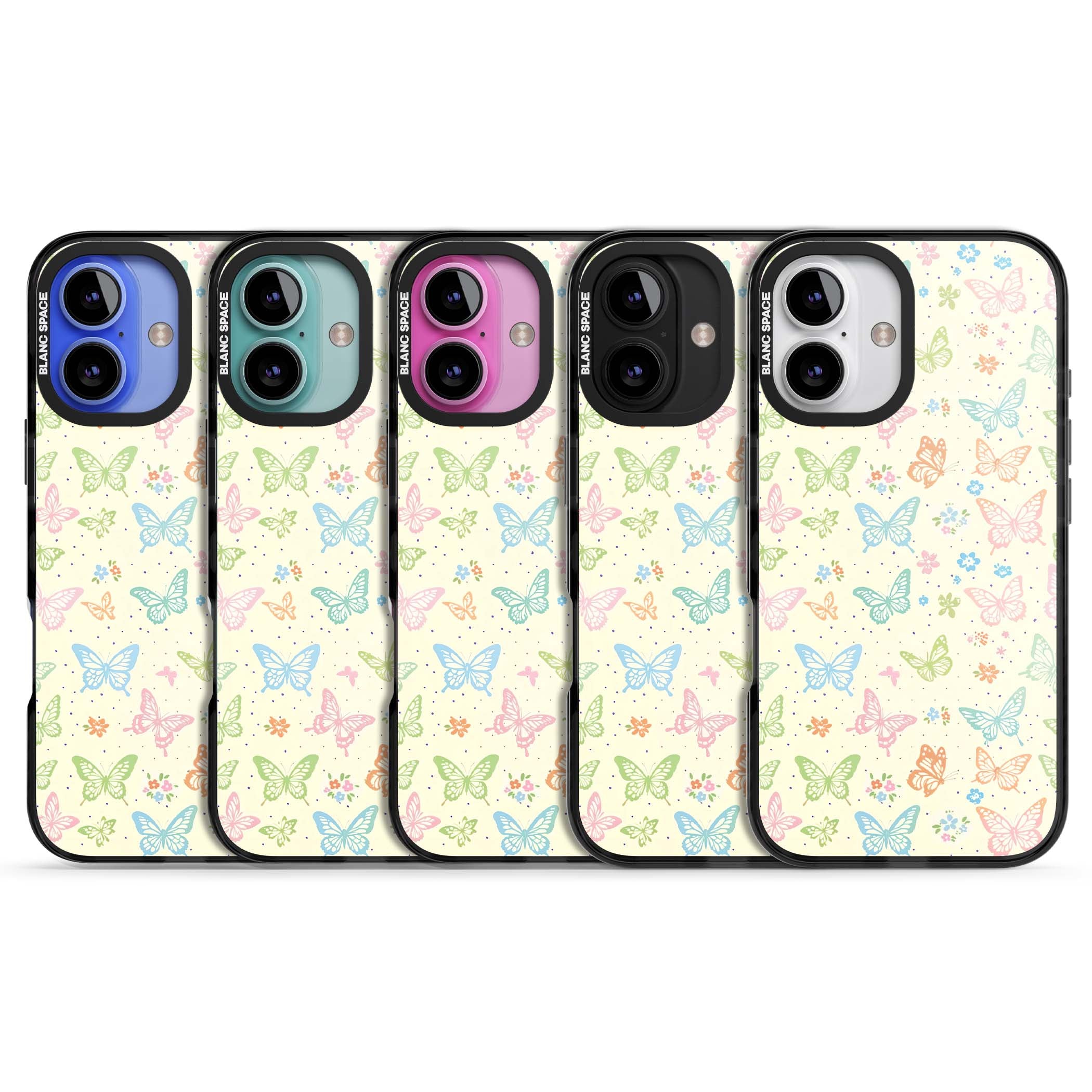 Sugar Wings cottagecore iPhone case featuring rainbow pastel butterflies, tiny wildflowers, and a cream background | Black Impact Magsafe case for iPhone 16, iPhone 16 Plus