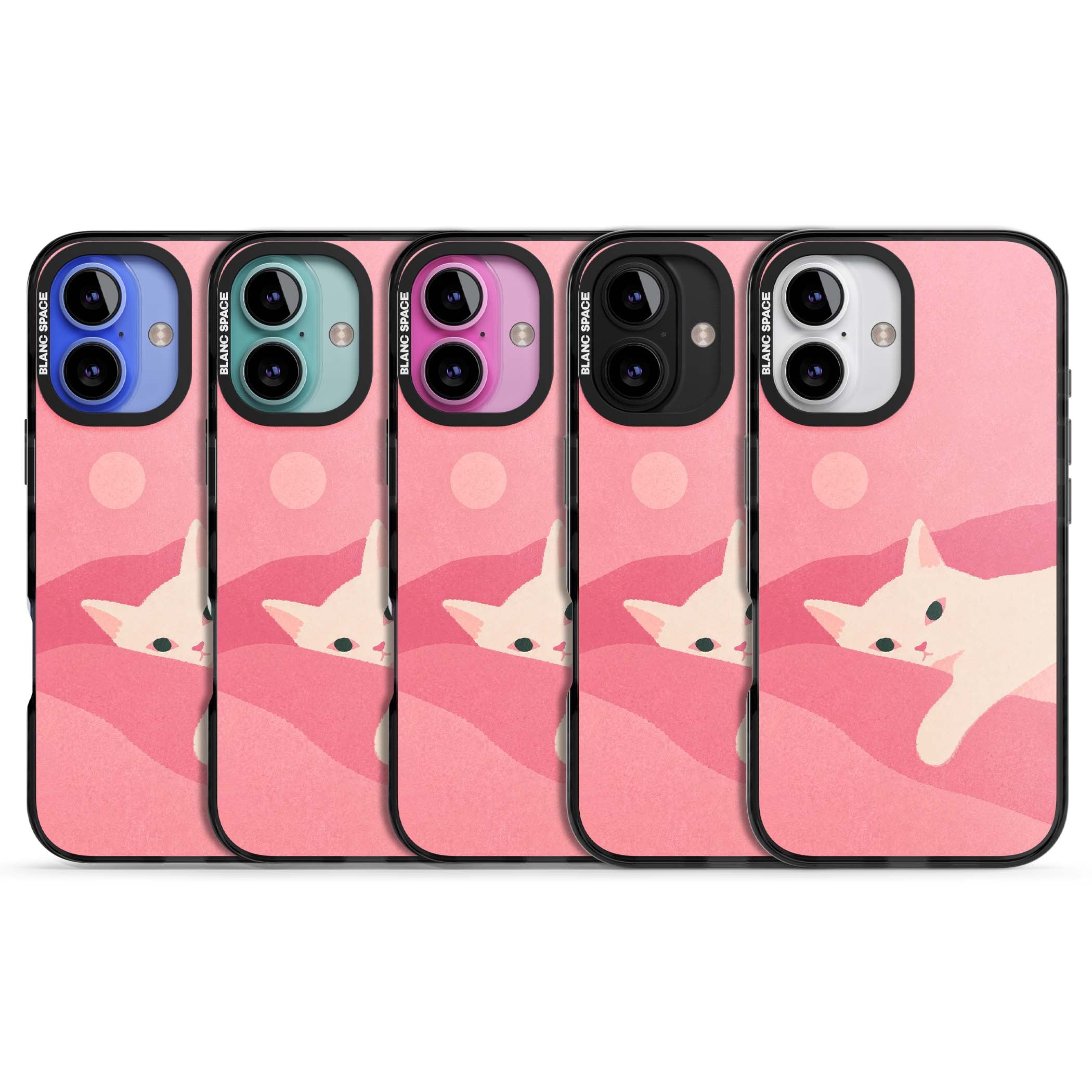Pink Dreams cute cat iPhone case featuring a white kitten, soft pink hills and a pale pastel sun | Black Impact Magsafe case for iPhone 16, iPhone 16 Plus