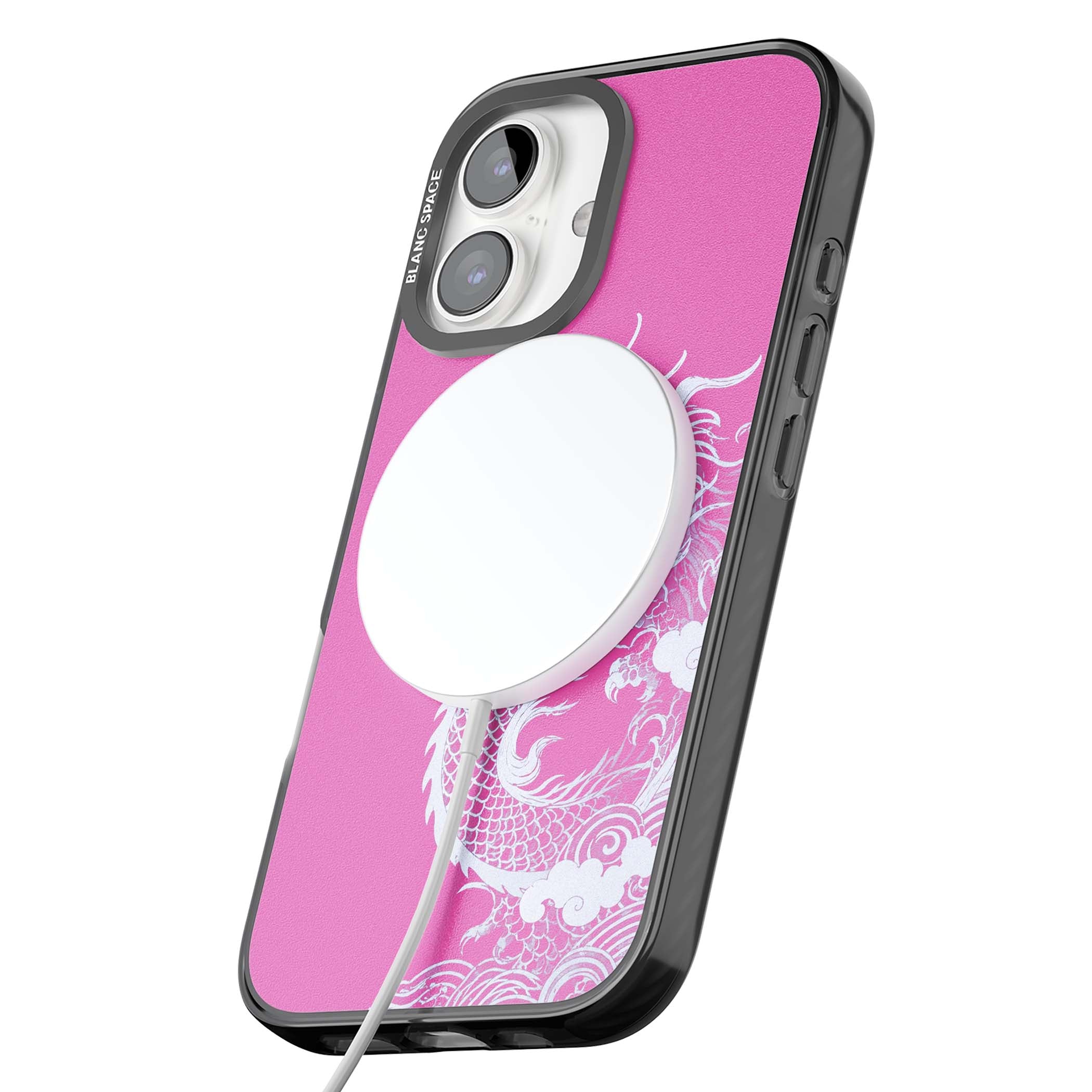 Pink Empress chinese dragon iPhone case featuring a white dragon, swirling clouds and pink dragon wallpaper backdrop | Black Impact Magsafe case for iPhone 16, iPhone 16 Plus