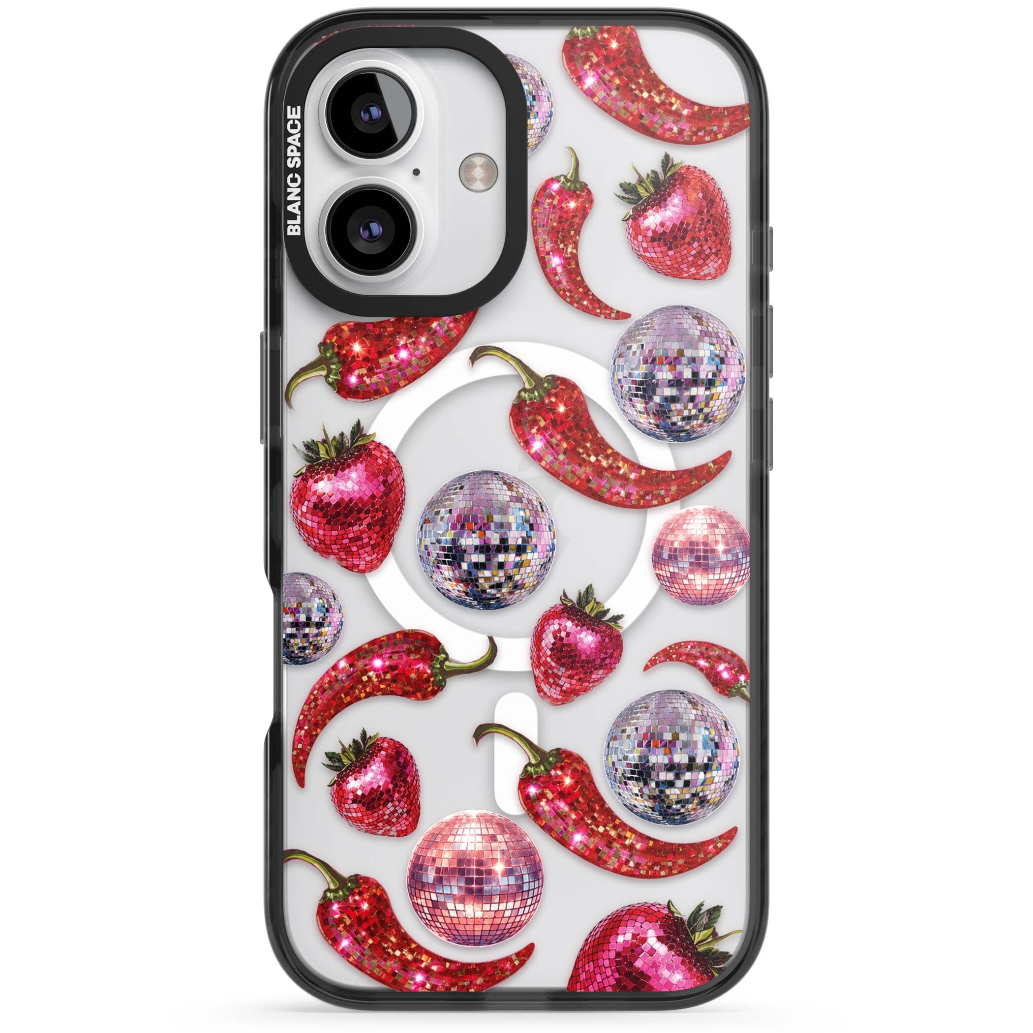 Spicy Disco Y2K iPhone case featuring glitter disco balls, sparkly strawberries and red chilli peppers | Black Impact Magsafe case for iPhone 16, iPhone 16 Plus
