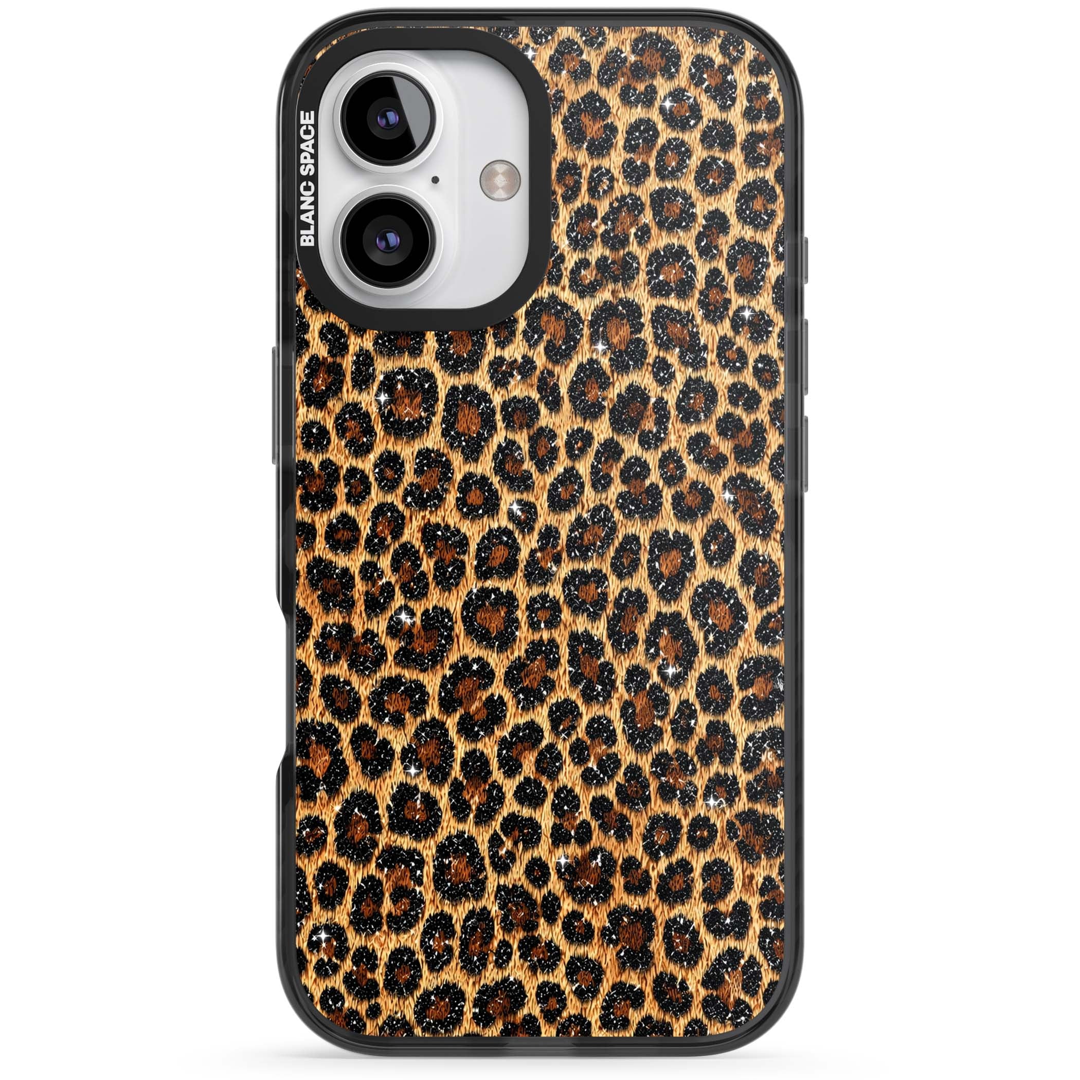 Diamond Leopard leopard print iPhone case featuring golden tan fur, black rosette spots and subtle glitter sparkle | Black Impact Magsafe case for iPhone 16, iPhone 16 Plus