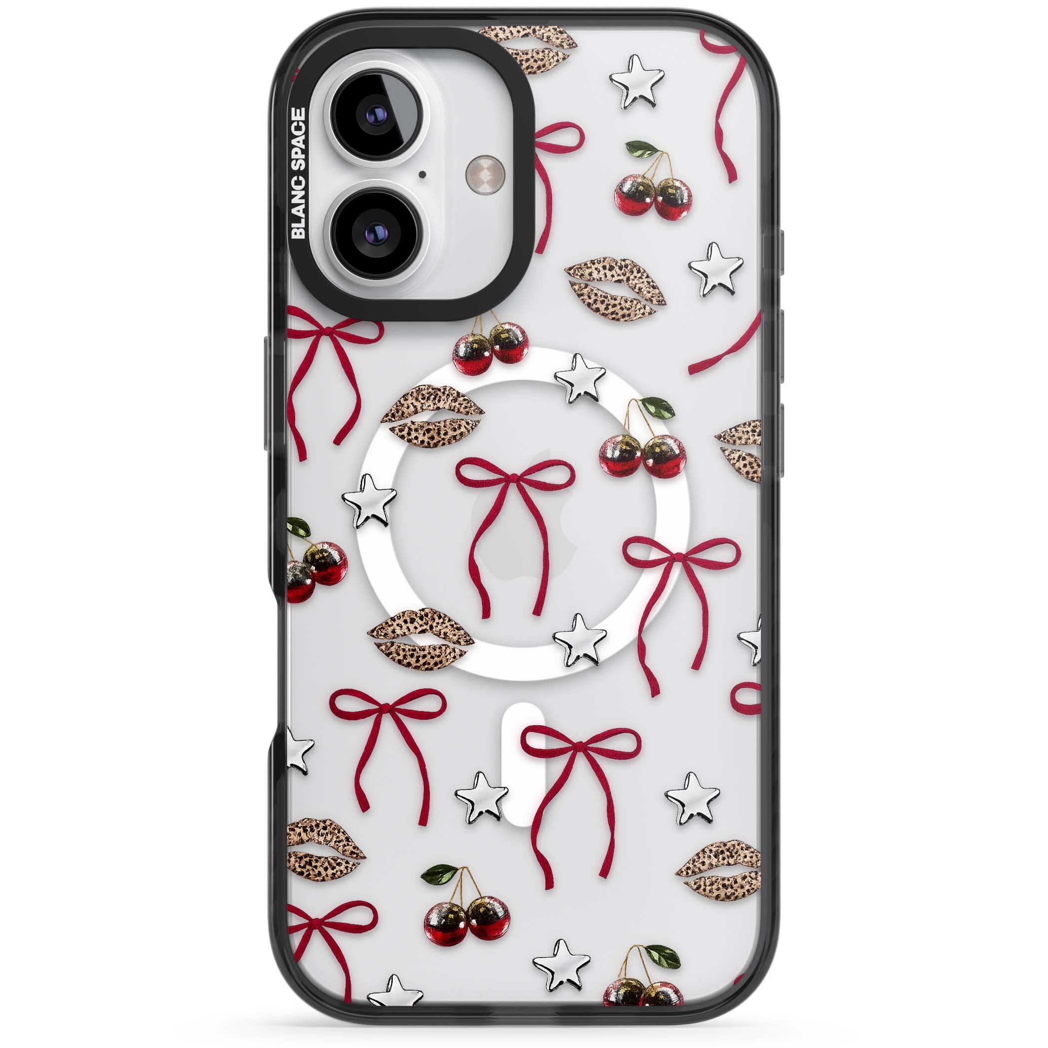 Starlet coquette iPhone case featuring red ribbon bows, disco cherries and leopard-print lips | Black Impact Magsafe case for iPhone 16, iPhone 16 Plus