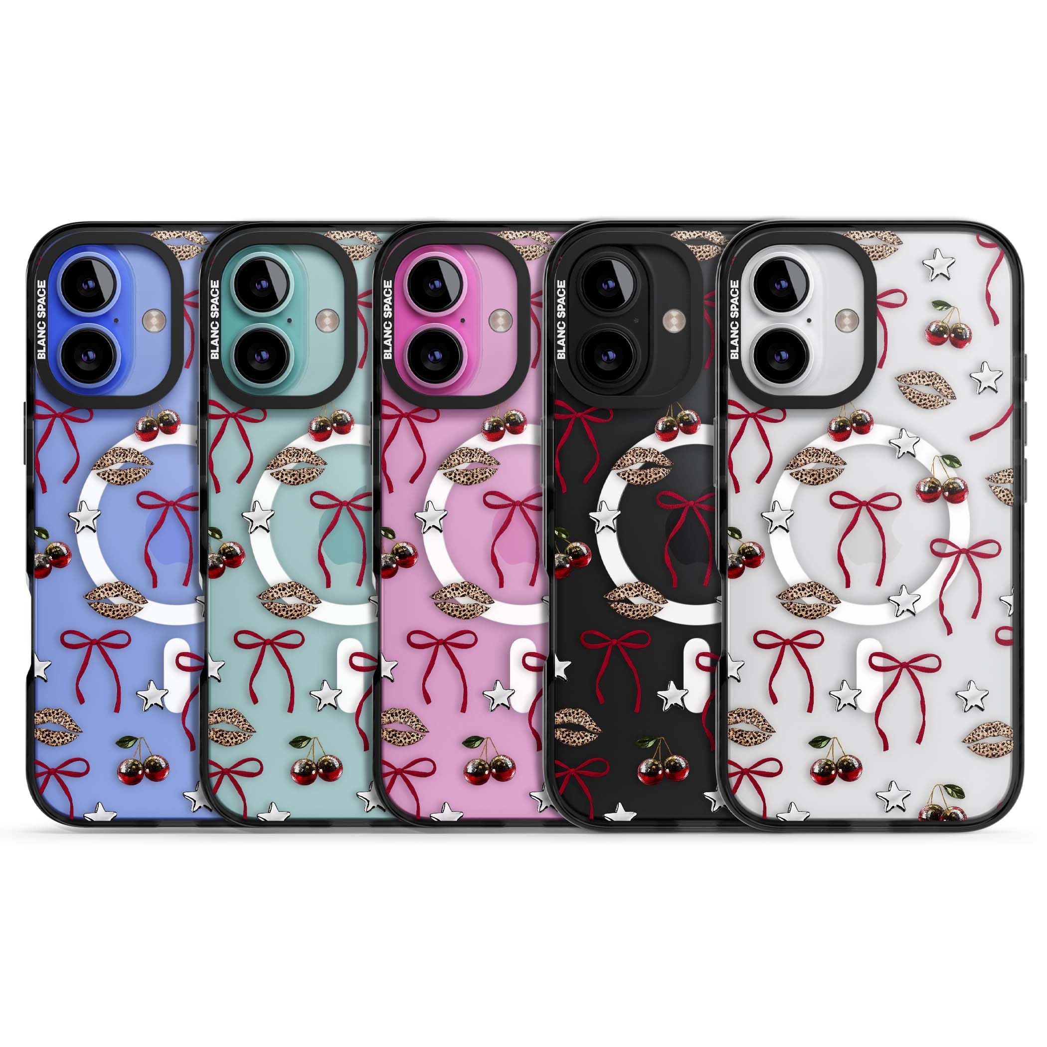 Starlet coquette iPhone case featuring red ribbon bows, disco cherries and leopard-print lips | Black Impact Magsafe case for iPhone 16, iPhone 16 Plus