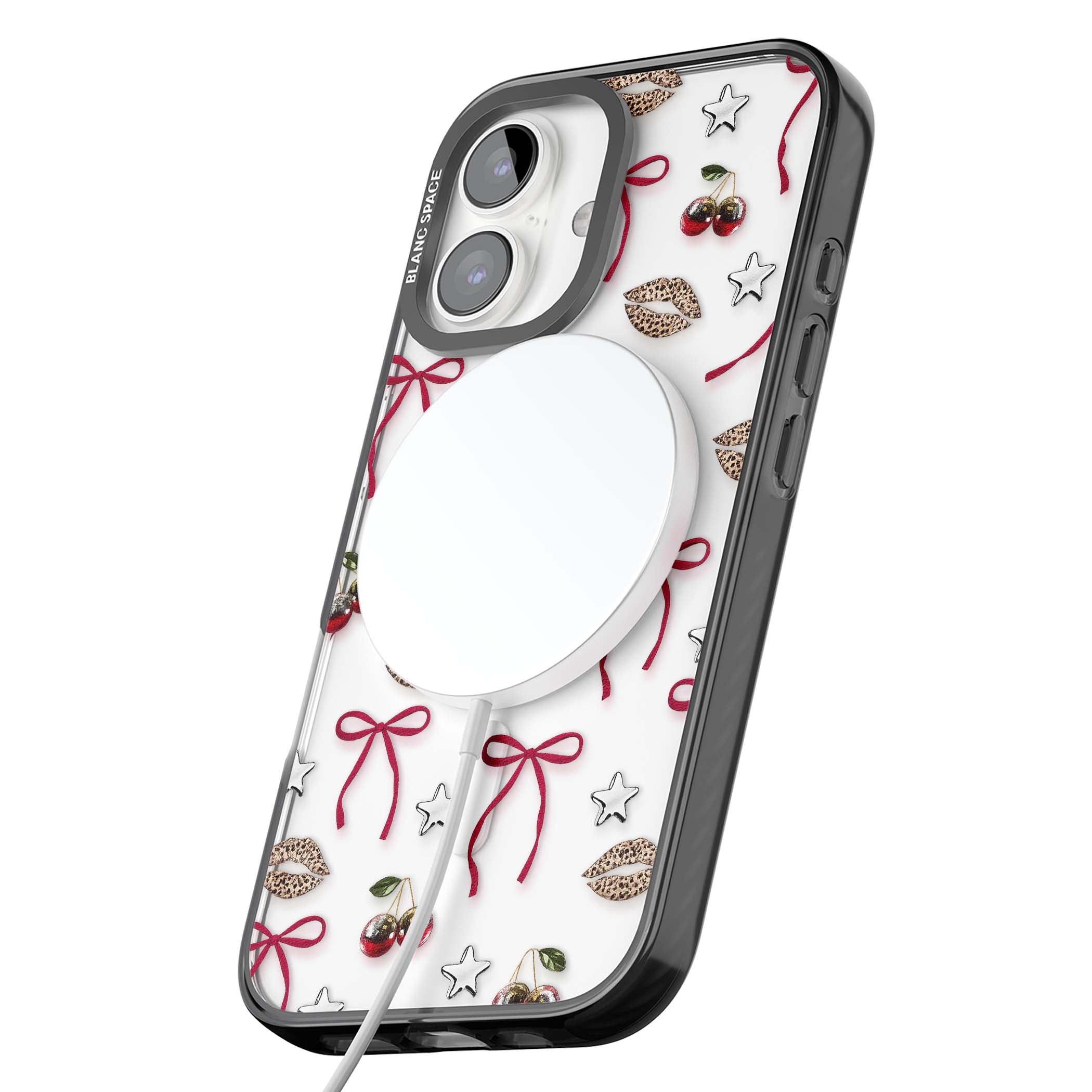Starlet coquette iPhone case featuring red ribbon bows, disco cherries and leopard-print lips | Black Impact Magsafe case for iPhone 16, iPhone 16 Plus