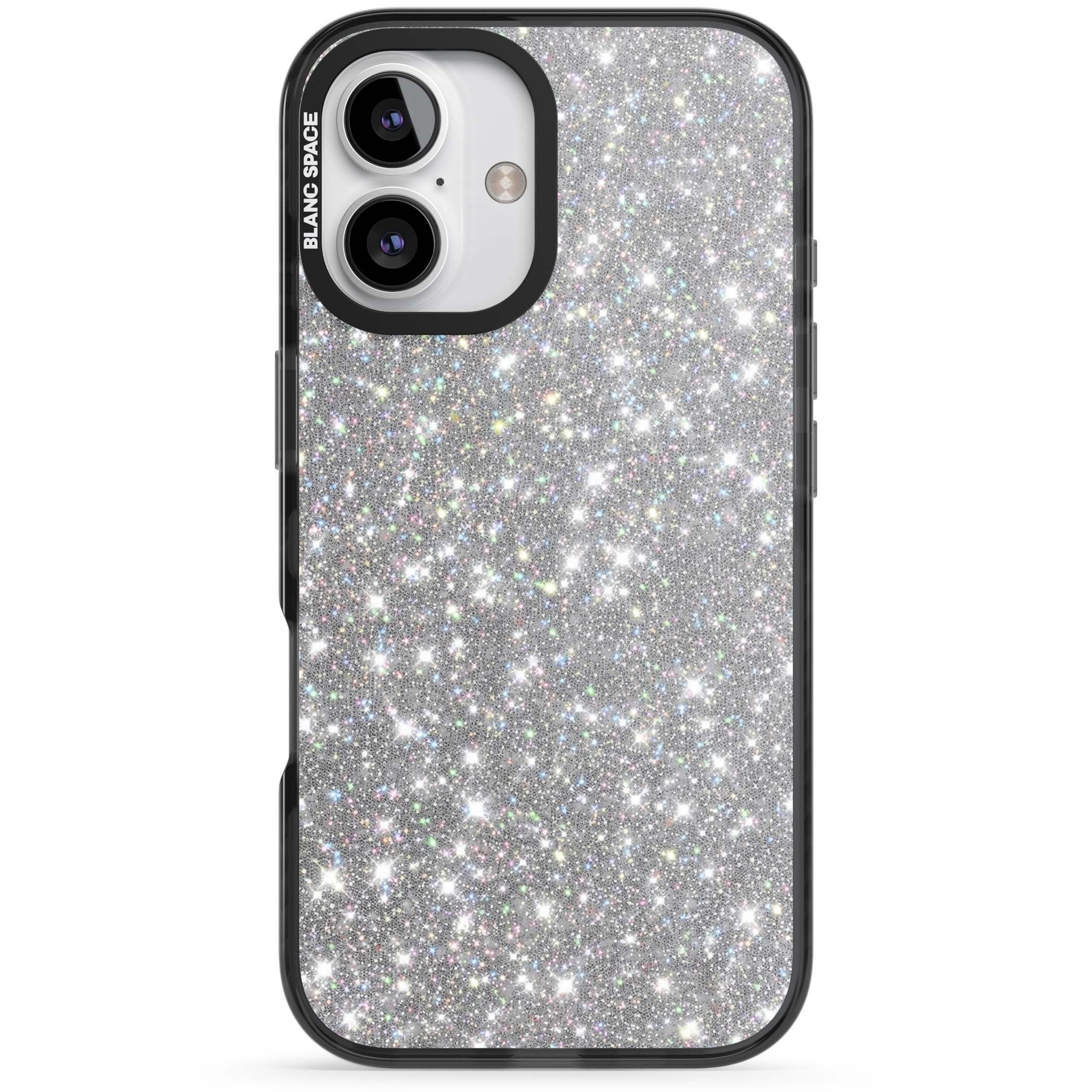 Diamond glam iPhone case featuring silver glitter sparkle and shimmering diamond dust effect | Black Impact Magsafe case for iPhone 16, iPhone 16 Plus