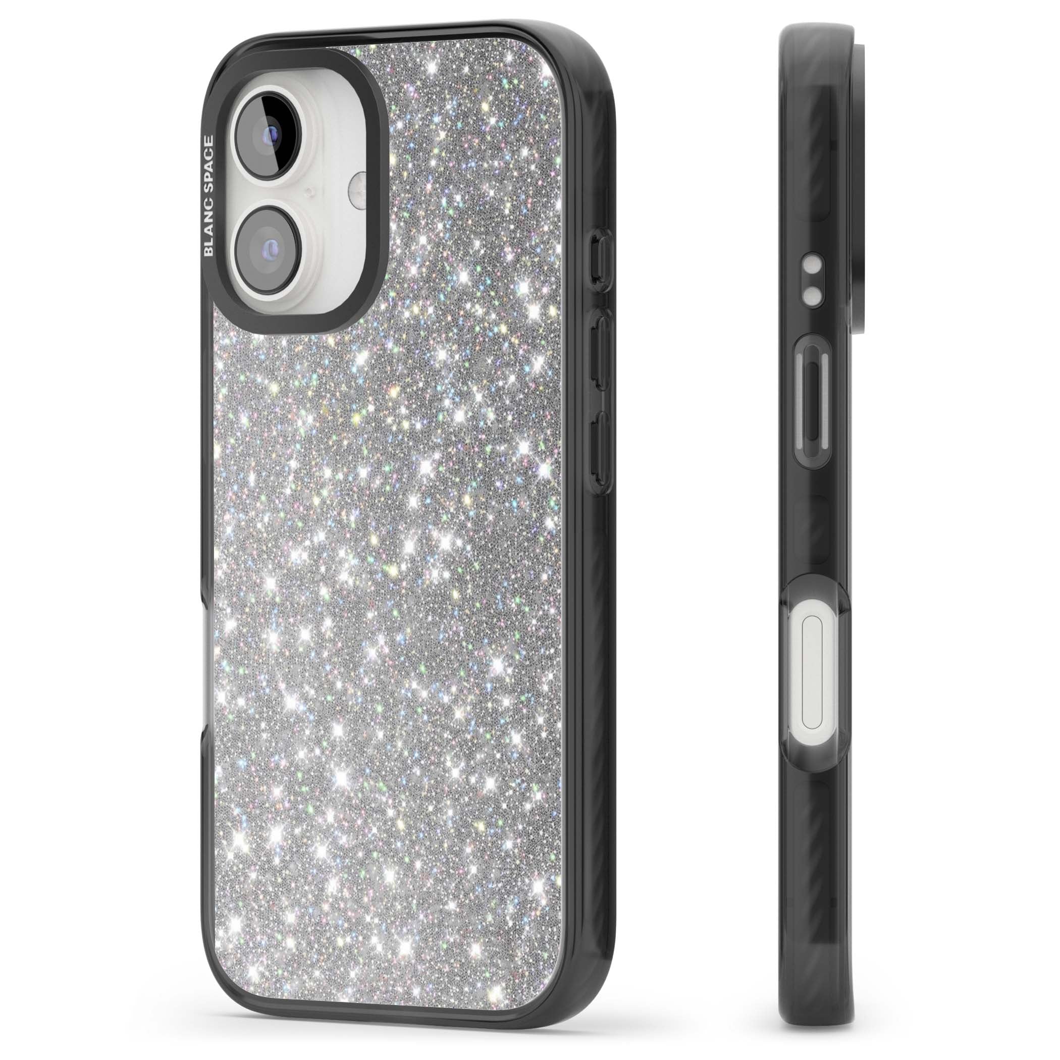 Diamond glam iPhone case featuring silver glitter sparkle and shimmering diamond dust effect | Black Impact Magsafe case for iPhone 16, iPhone 16 Plus