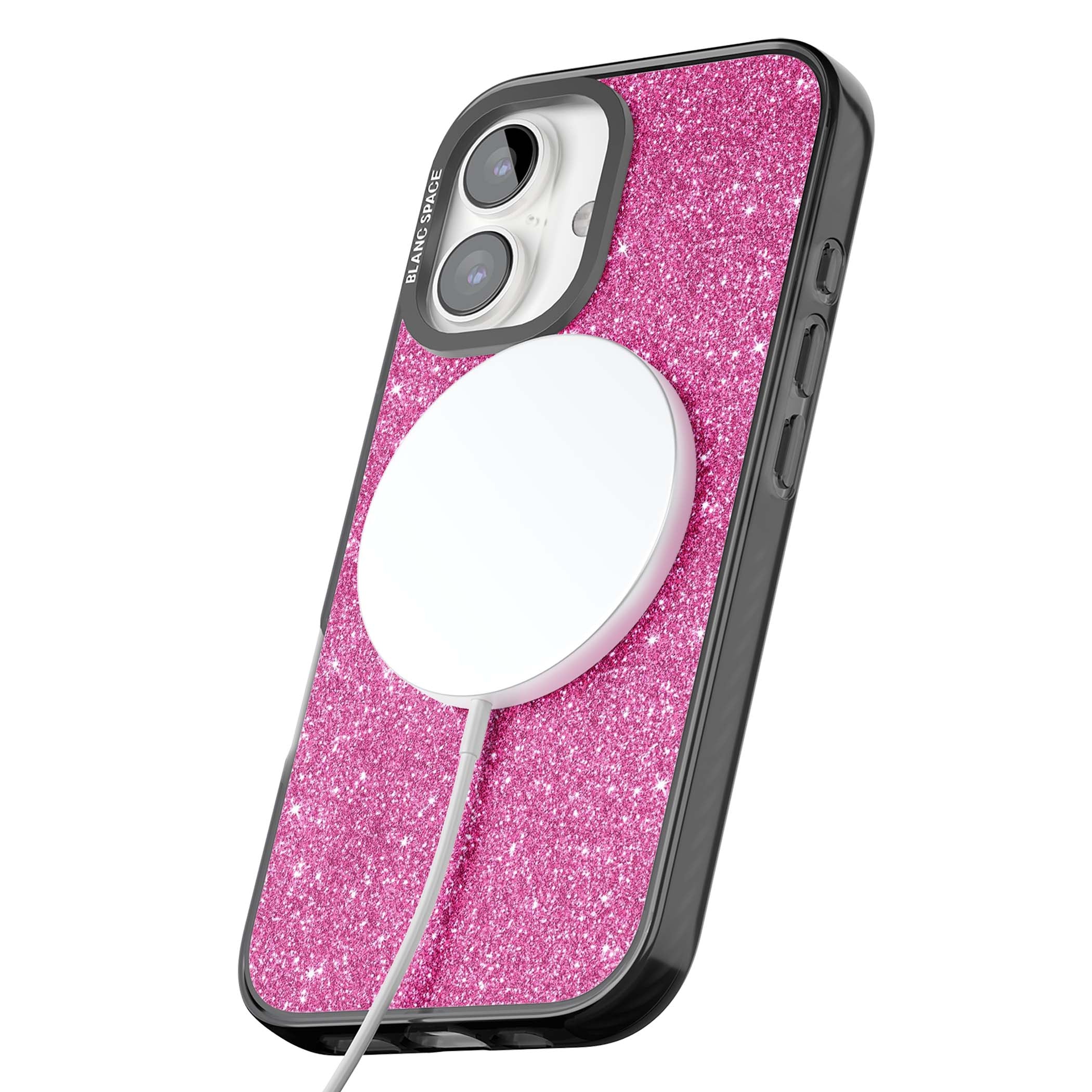 Pink Glitter Y2K iPhone case featuring hot pink glitter wallpaper with sparkle shimmer effect | Black Impact Magsafe case for iPhone 16, iPhone 16 Plus