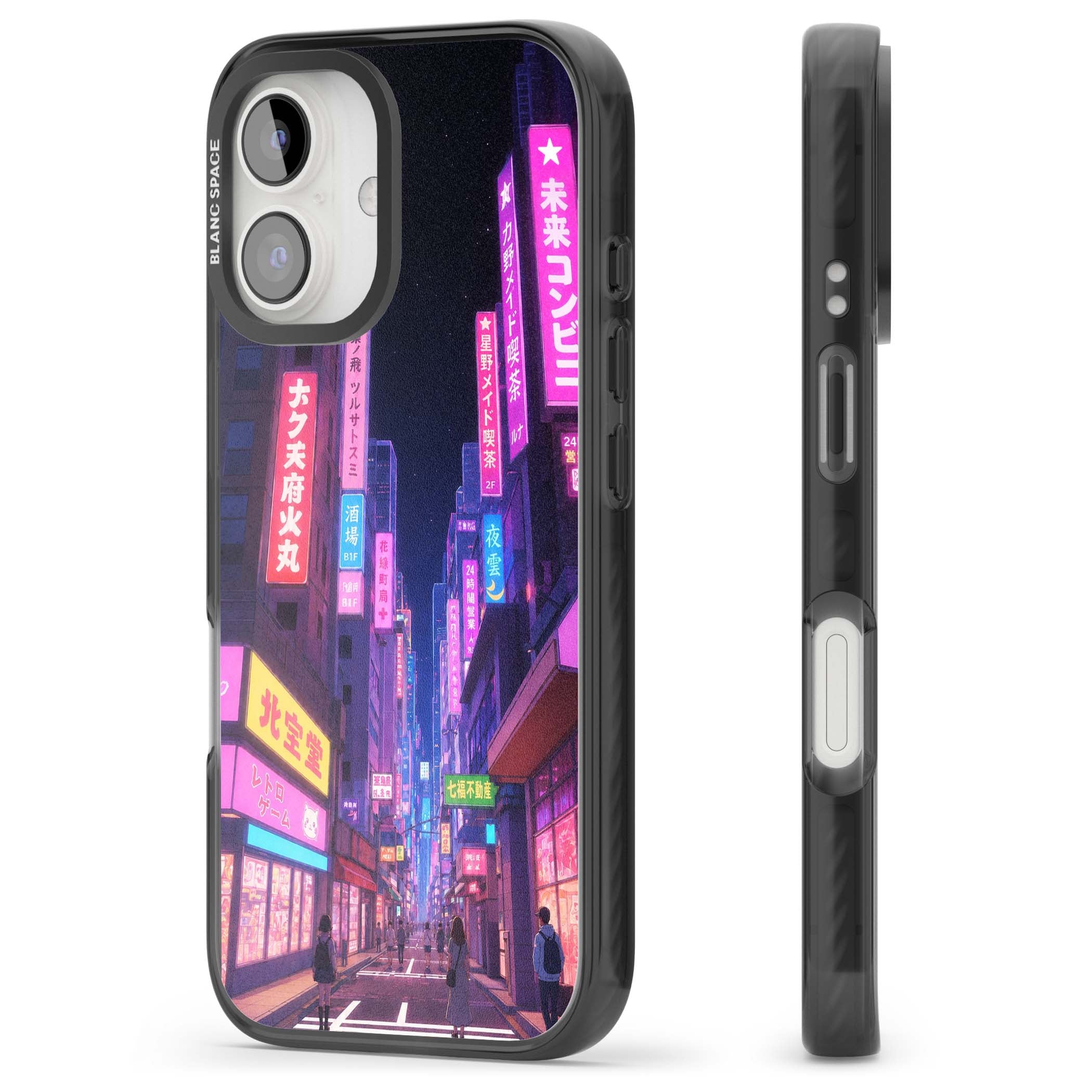 Shibuya At Night Japanese neon city iPhone case featuring glowing kanji signs, pink storefronts and a Tokyo street at n | Black Impact Magsafe case for iPhone 16, iPhone 16 Plus