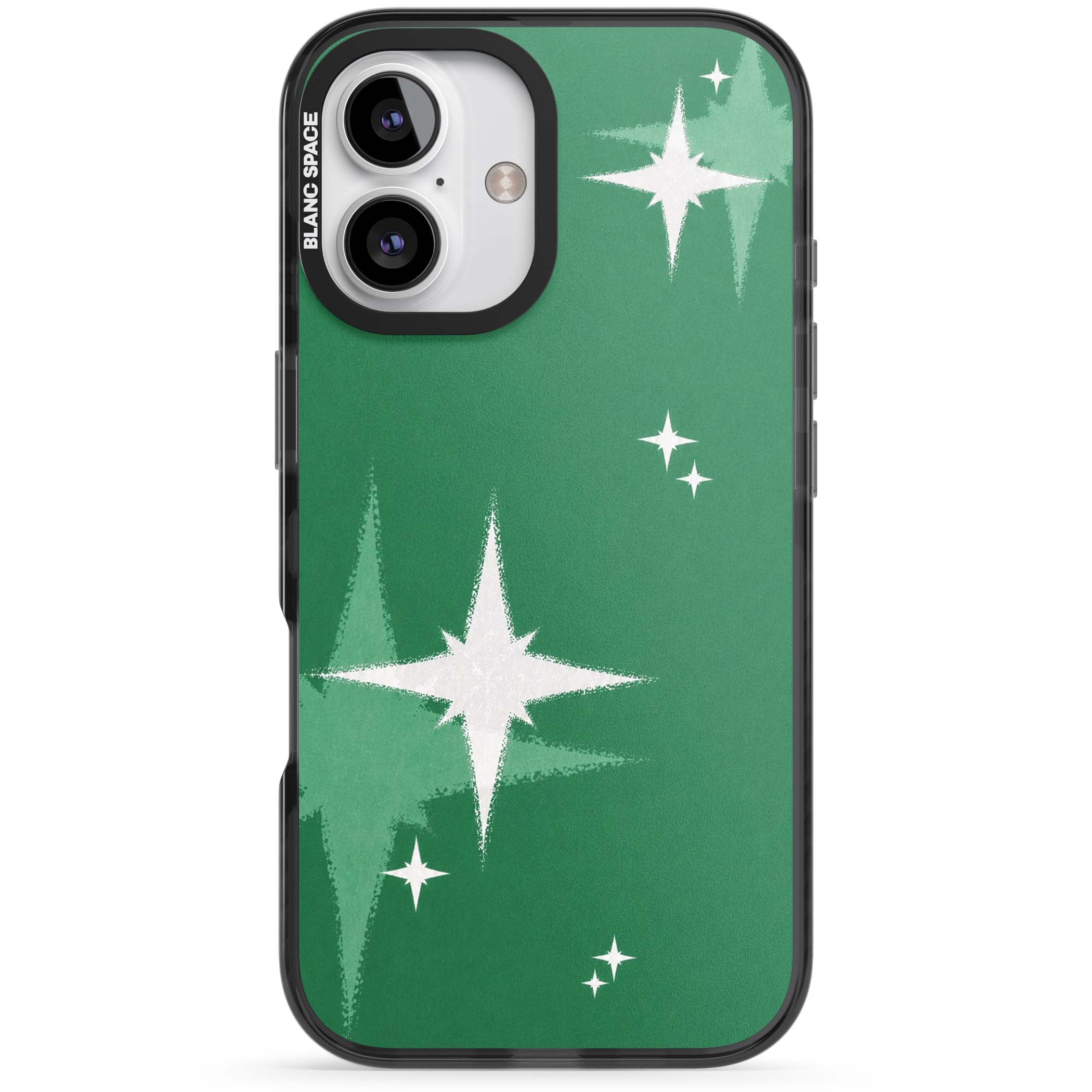 Green Sparkle celestial iPhone case featuring sparkling white four-point stars on a deep green background | Black Impact Magsafe case for iPhone 16, iPhone 16 Plus