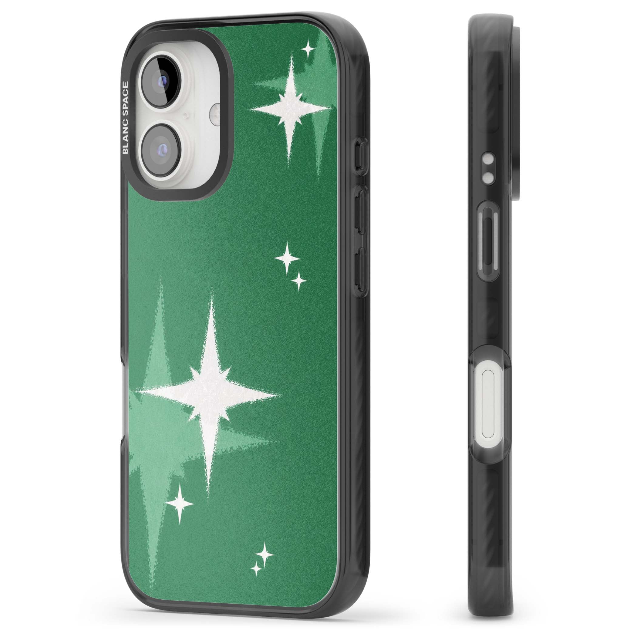 Green Sparkle celestial iPhone case featuring sparkling white four-point stars on a deep green background | Black Impact Magsafe case for iPhone 16, iPhone 16 Plus