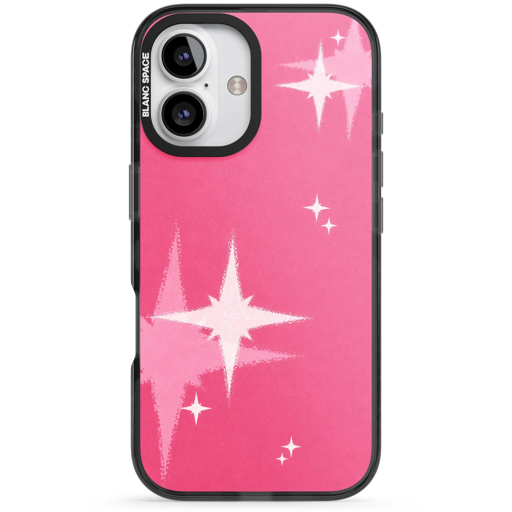 Pink Sparkle Y2K iPhone case featuring hot pink background with shimmering white starburst pattern | Black Impact Magsafe case for iPhone 16, iPhone 16 Plus