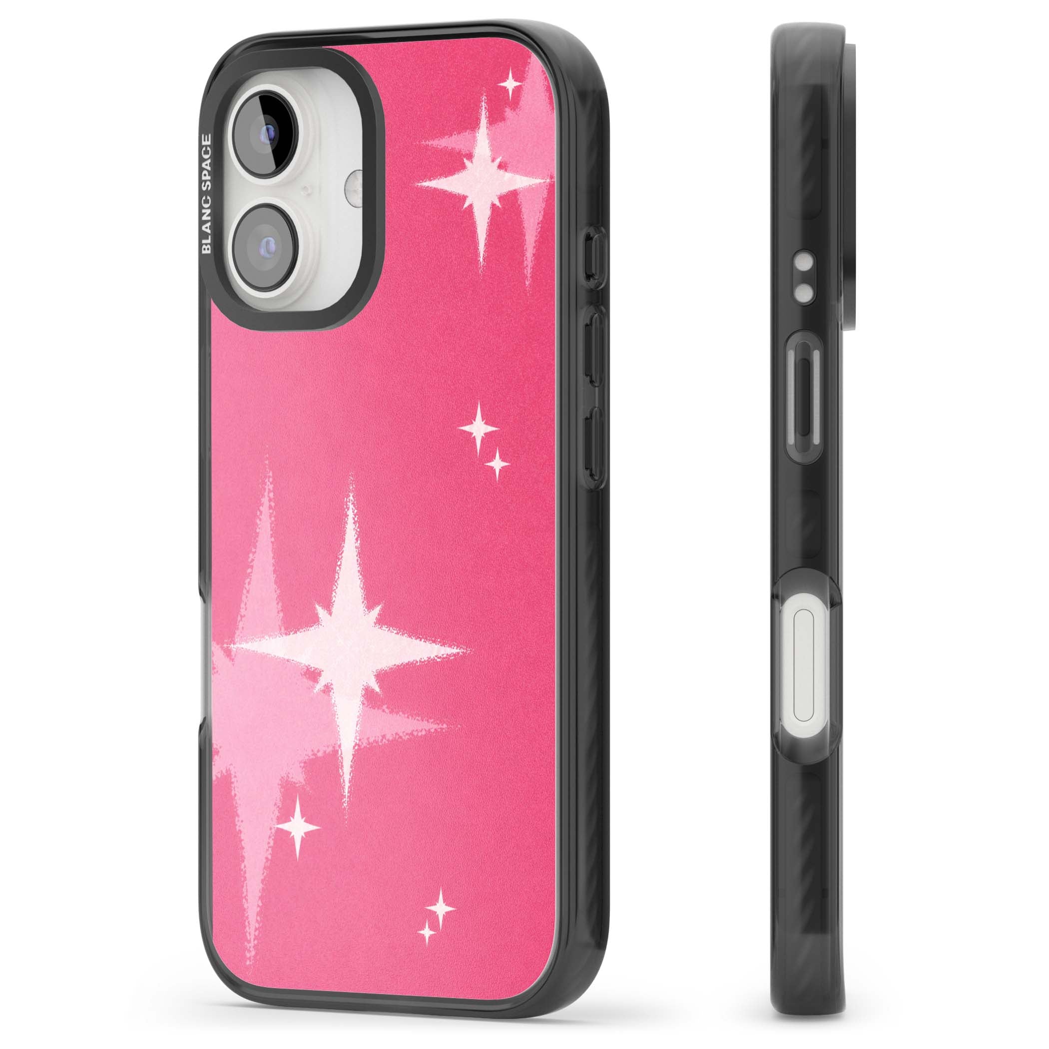 Pink Sparkle Y2K iPhone case featuring hot pink background with shimmering white starburst pattern | Black Impact Magsafe case for iPhone 16, iPhone 16 Plus