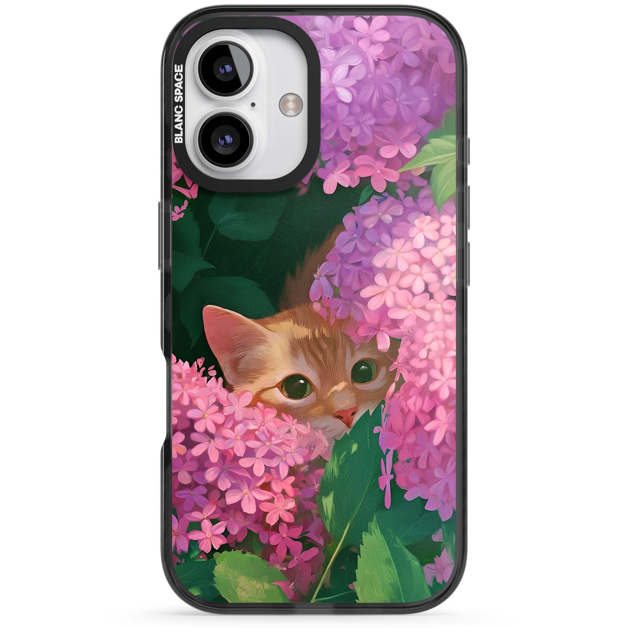 Cat In Pink Flowers cottagecore iPhone case featuring a ginger kitten peeking through lilac and pink hydrangea flo | Black Impact Magsafe case for iPhone 16, iPhone 16 Plus