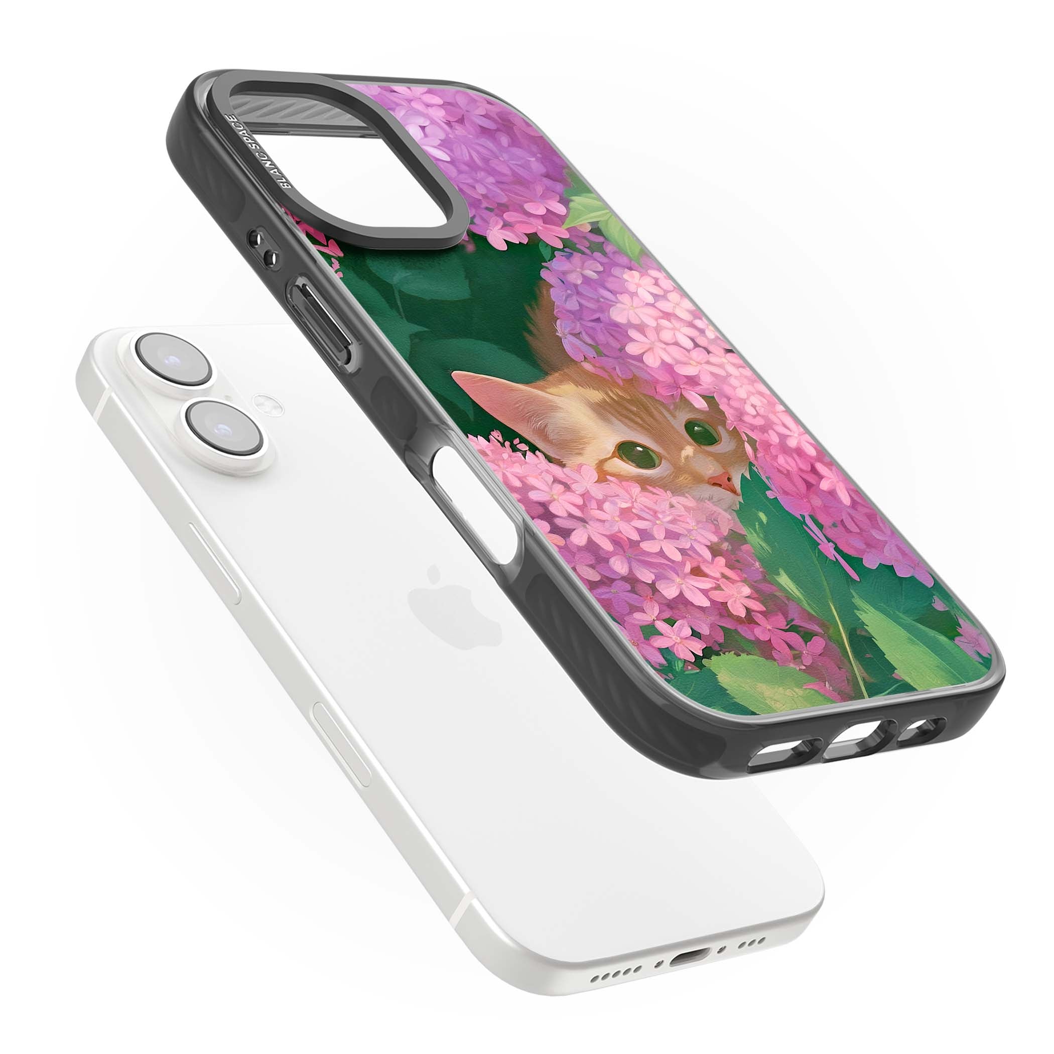 Cat In Pink Flowers cottagecore iPhone case featuring a ginger kitten peeking through lilac and pink hydrangea flo | Black Impact Magsafe case for iPhone 16, iPhone 16 Plus