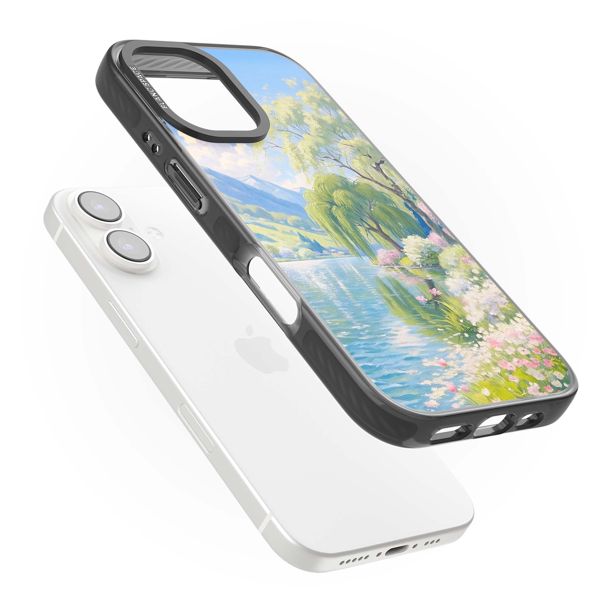 Willow Lake cottagecore iPhone case featuring a painted lakeside with weeping willow, blossoms and distant mountains | Black Impact Magsafe case for iPhone 16, iPhone 16 Plus