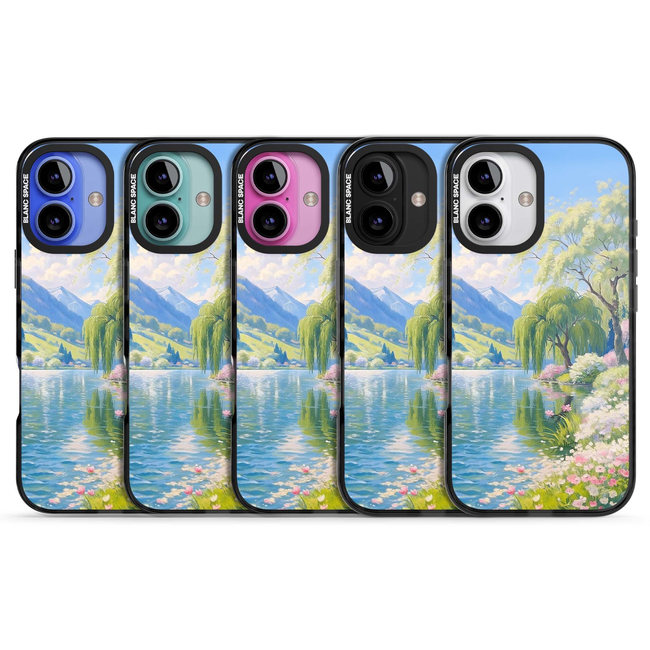 Willow Lake cottagecore iPhone case featuring a painted lakeside with weeping willow, blossoms and distant mountains | Black Impact Magsafe case for iPhone 16, iPhone 16 Plus