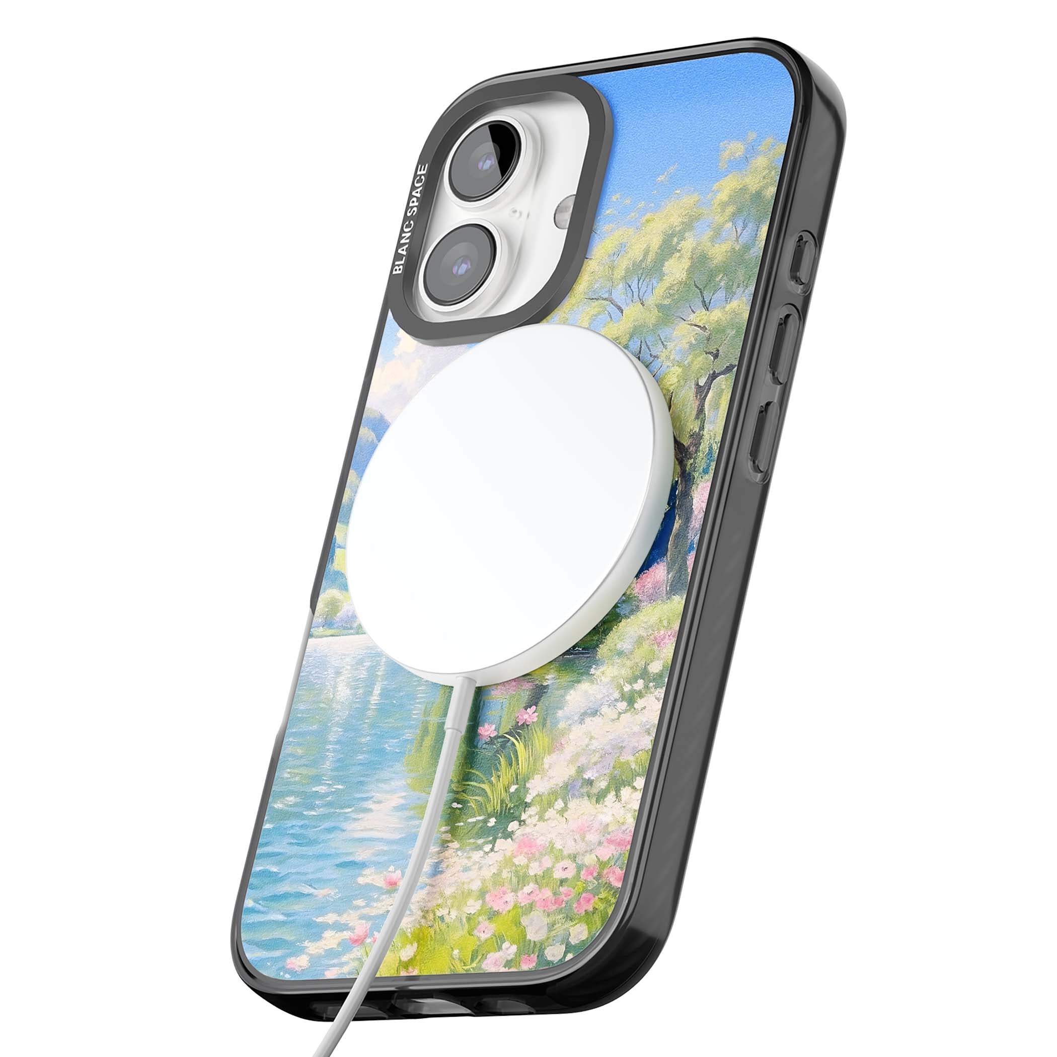 Willow Lake cottagecore iPhone case featuring a painted lakeside with weeping willow, blossoms and distant mountains | Black Impact Magsafe case for iPhone 16, iPhone 16 Plus
