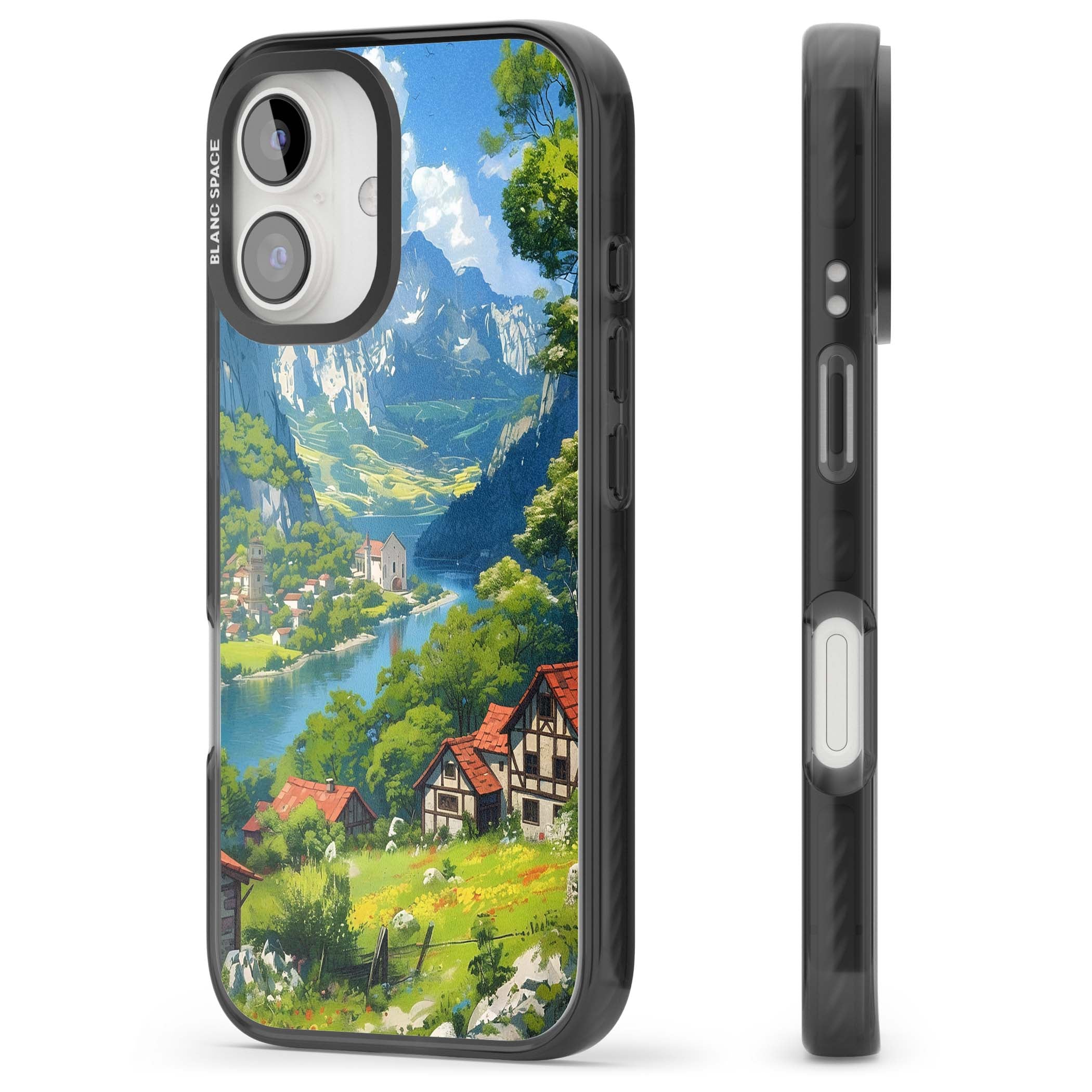 Village In The Valley anime iPhone case featuring a painted mountain village, river valley and half-timbered cottages. | Black Impact Magsafe case for iPhone 16, iPhone 16 Plus