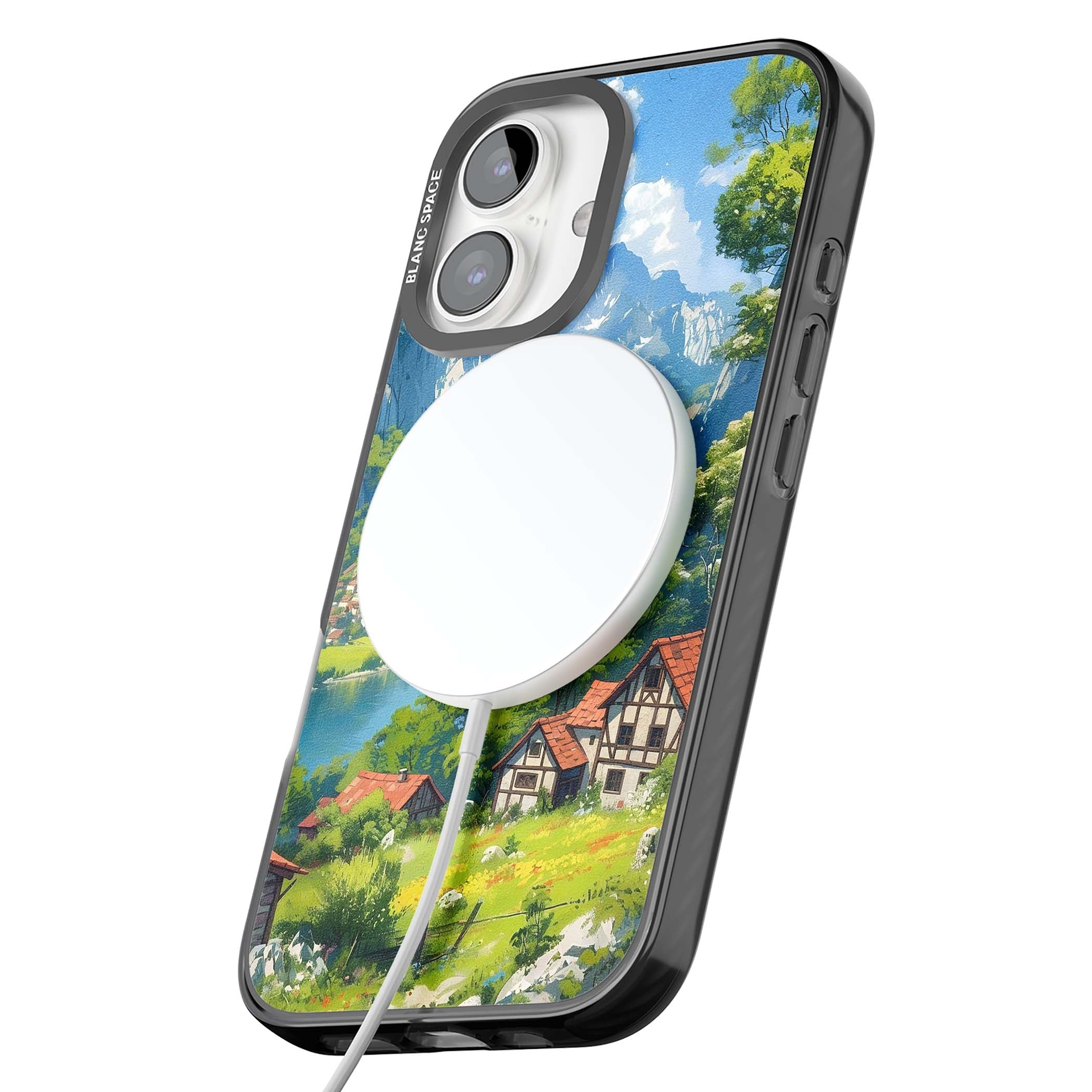 Village In The Valley anime iPhone case featuring a painted mountain village, river valley and half-timbered cottages. | Black Impact Magsafe case for iPhone 16, iPhone 16 Plus