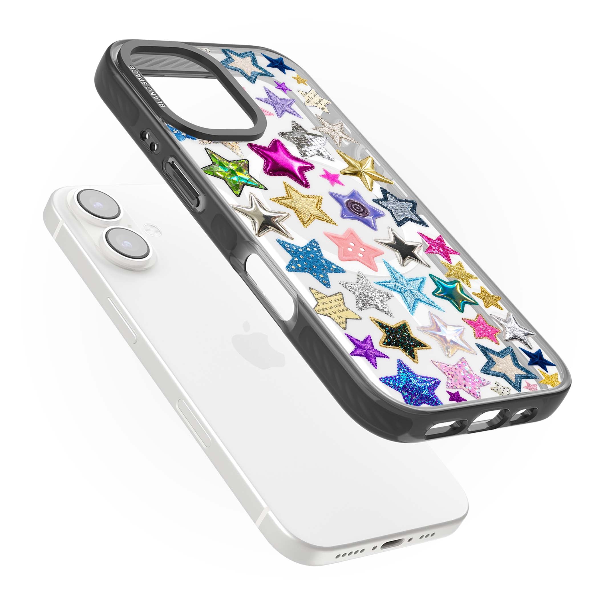 Crafty Star Mix Y2K iPhone case featuring embroidered, sequinned and glitter star patches in rainbow colours | Black Impact Magsafe case for iPhone 16, iPhone 16 Plus