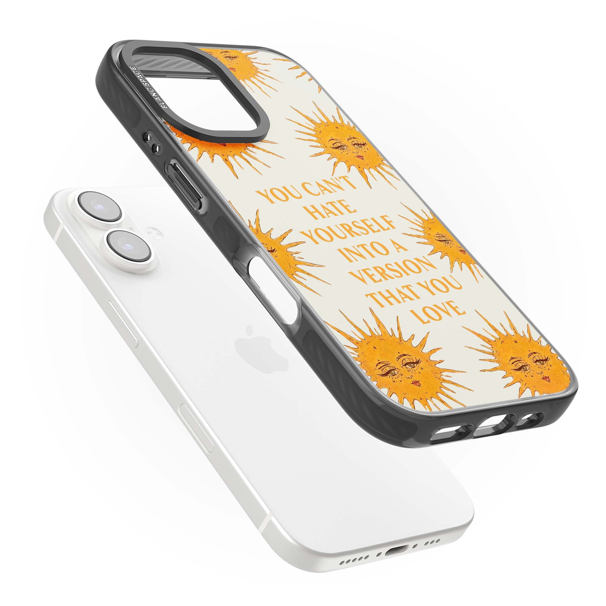 Don't Hate Yourself celestial iPhone case featuring vintage sun faces, ochre rays and a self-love quote | Black Impact Magsafe case for iPhone 16, iPhone 16 Plus