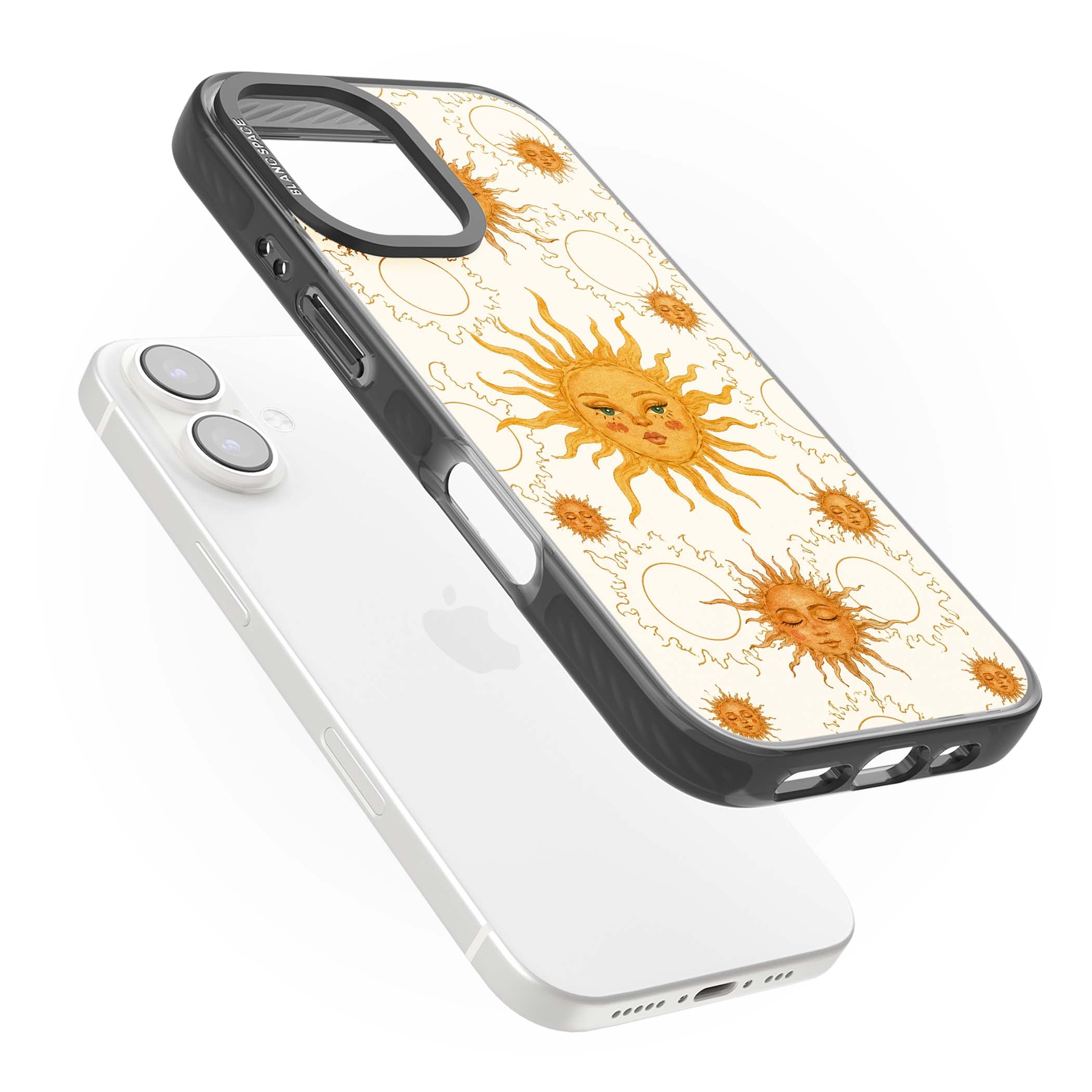 Solstice Muse celestial iPhone case featuring hand-painted golden sun faces, closed-eye sun goddesses and outlined moons... | Black Impact Magsafe case for iPhone 16, iPhone 16 Plus