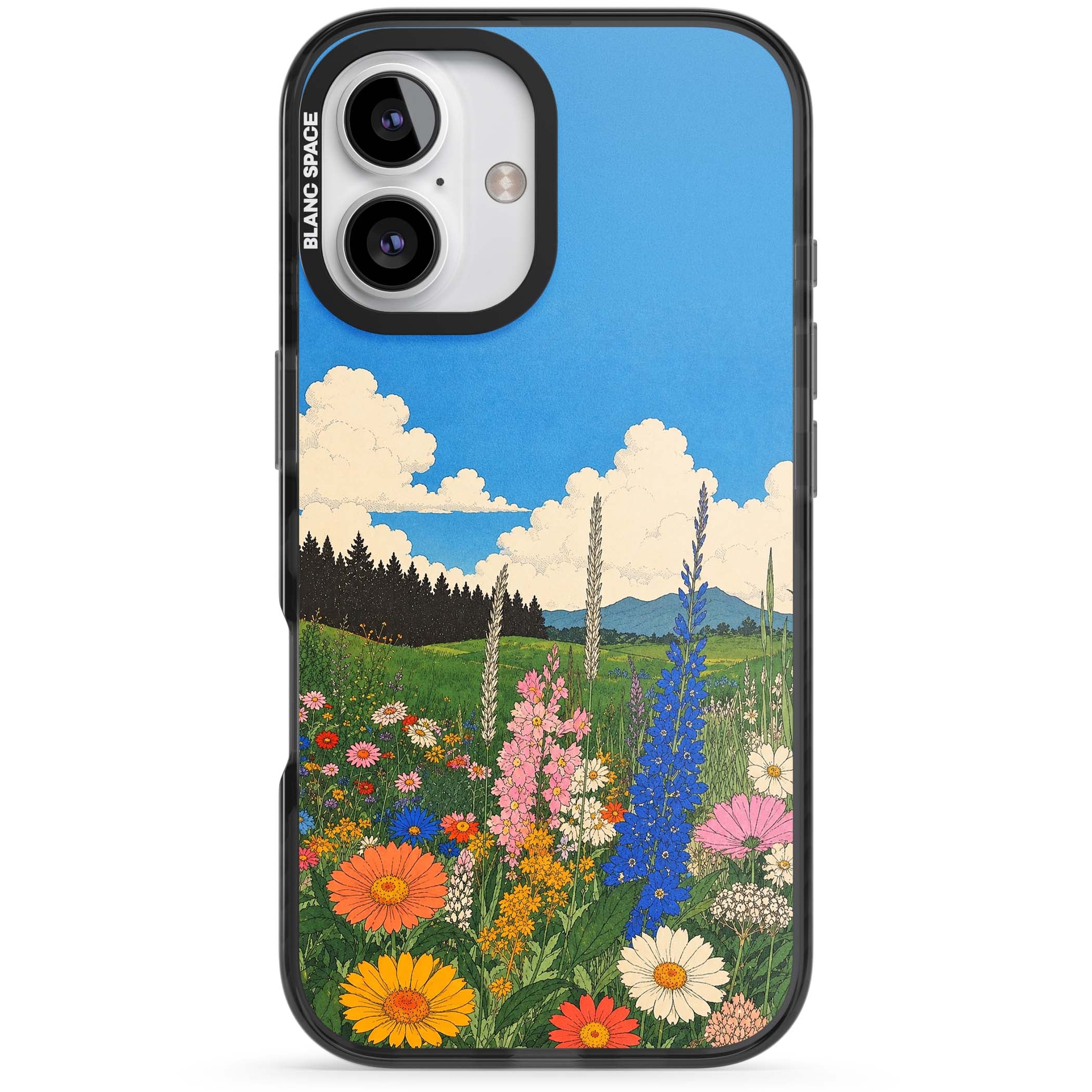Wildbloom wildflower iPhone case featuring a vintage Japanese-style meadow landscape with daisies, delphiniums and moun | Black Impact Magsafe case for iPhone 16, iPhone 16 Plus