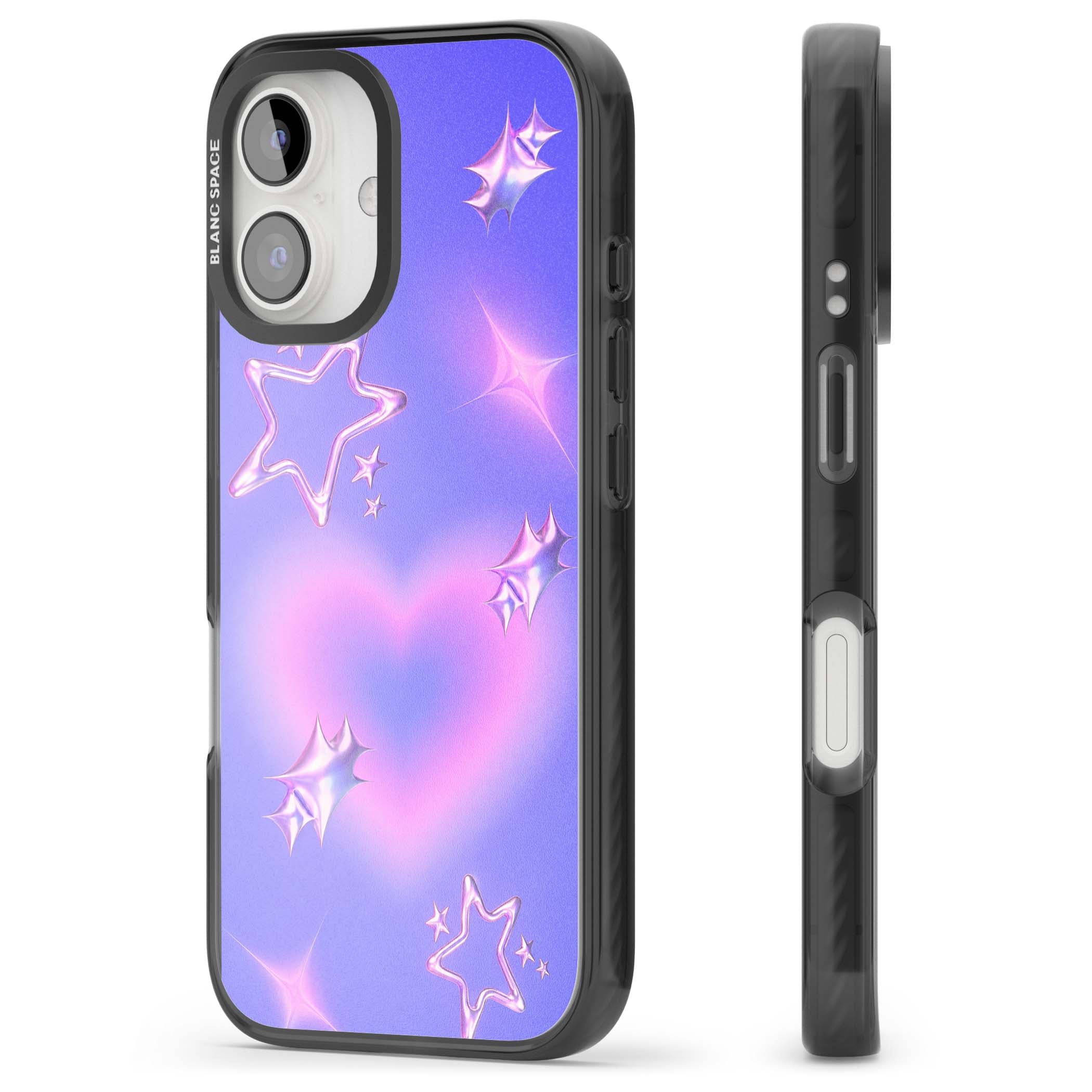 Soft Sugar Y2K iPhone case featuring iridescent chrome hearts, metallic pink stars and a lavender gradient sky | Black Impact Magsafe case for iPhone 16, iPhone 16 Plus