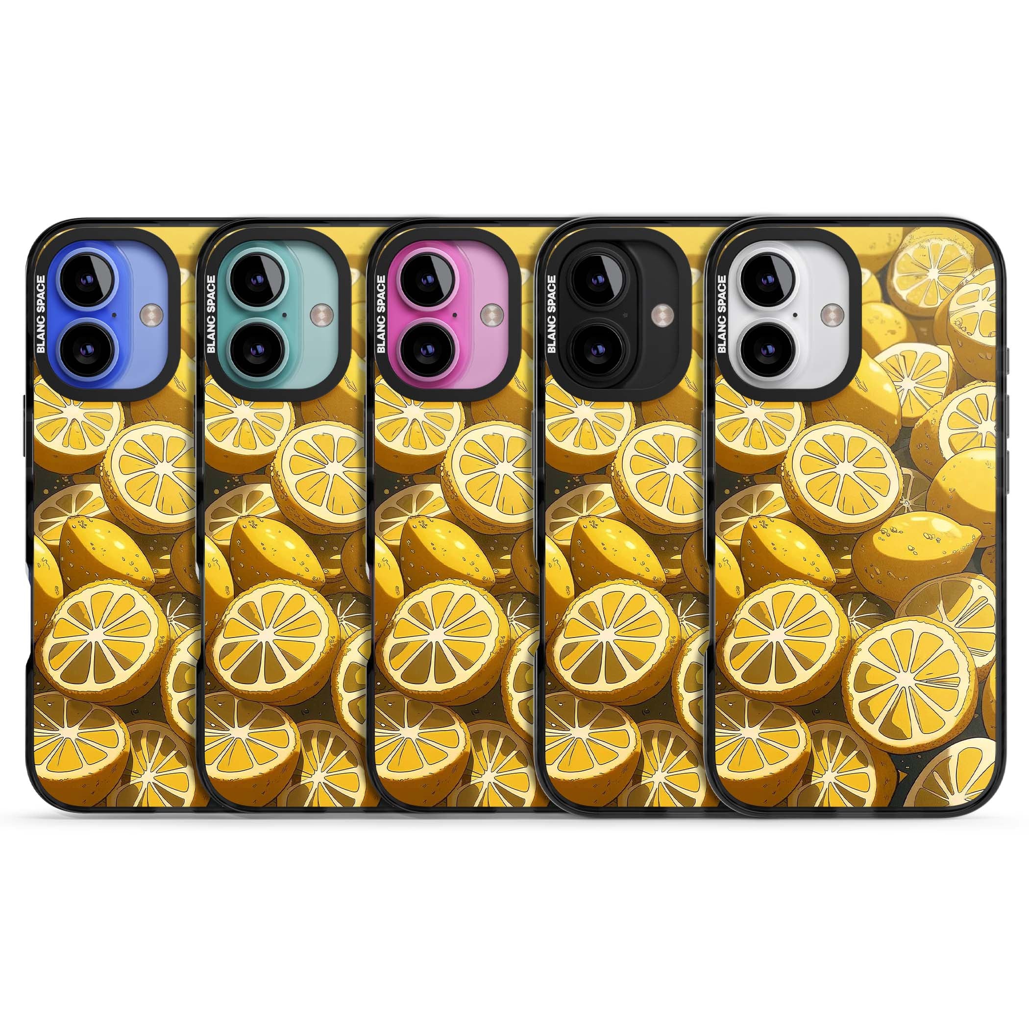 Zesty coastal iPhone case featuring illustrated Mediterranean lemons and citrus slices in golden yellow | Black Impact Magsafe case for iPhone 16, iPhone 16 Plus