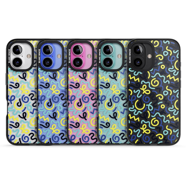 iPhone 16 Pro Max Blue & Yellow Shapes Memphis Retro Pattern Design Black Impact Phone Case