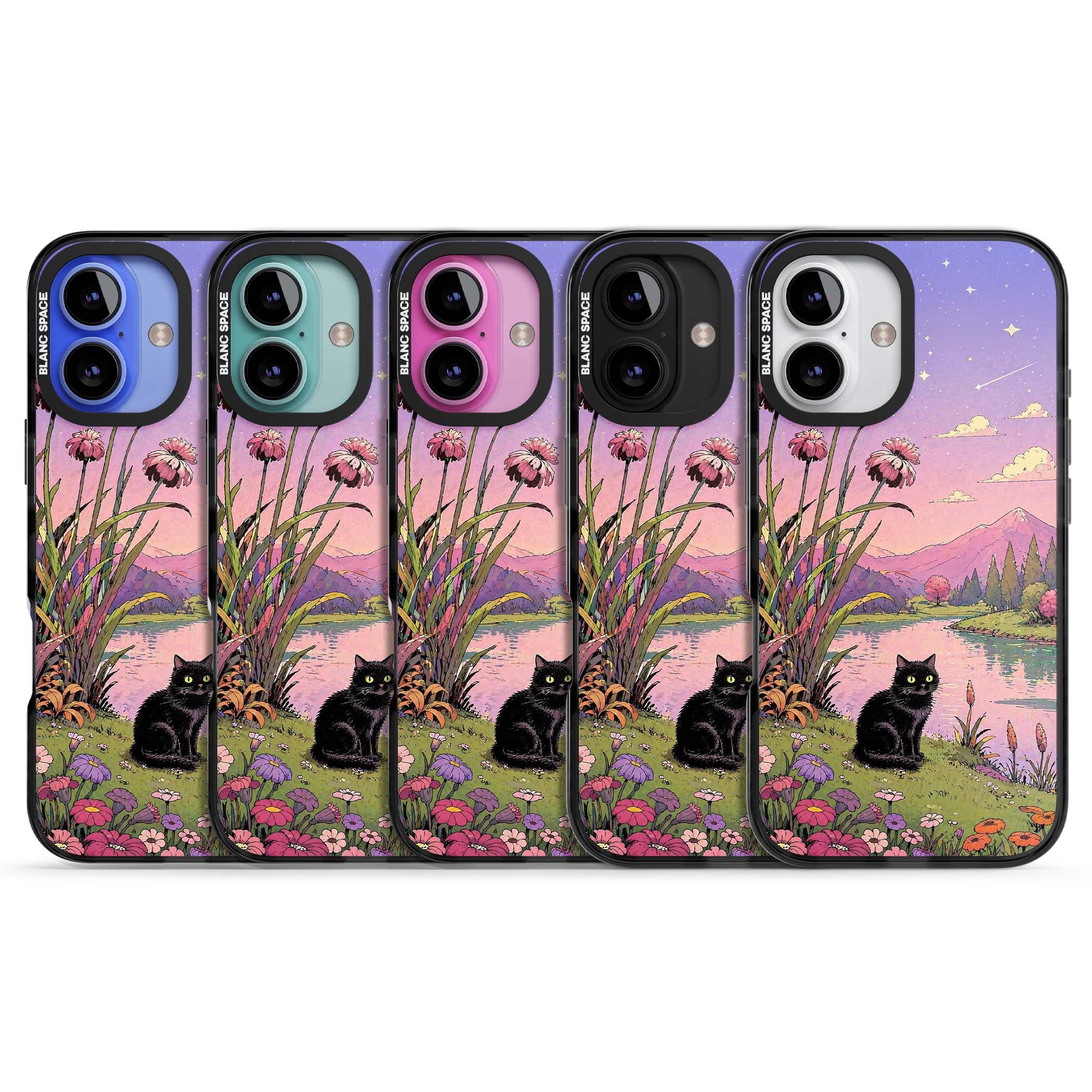 Mystic Whiskers ghibli iPhone case featuring a black cat by a pastel lake, wildflowers and a starry sunset sky | Black Impact case for iPhone 16, iPhone 16 Plus