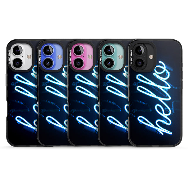 iPhone 16 Pro Max "Hello" Blue Cursive Neon Sign Black Impact Phone Case