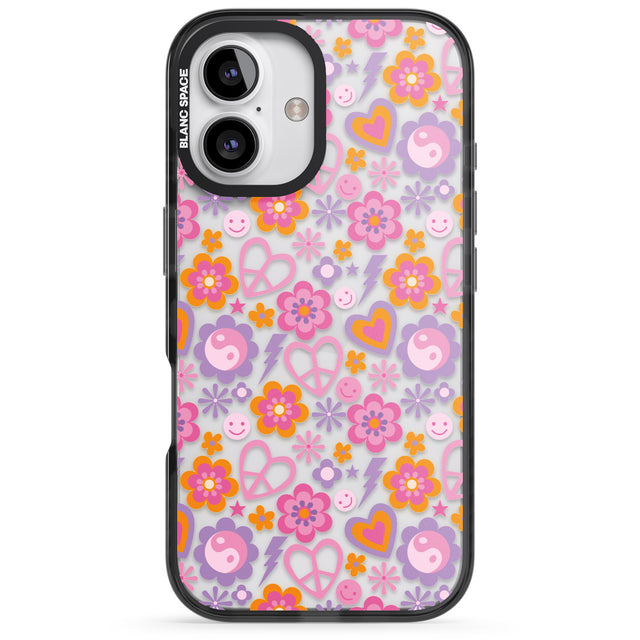 iPhone 16 Pro Max Peace, Love and Flowers Pattern Black Impact Phone Case