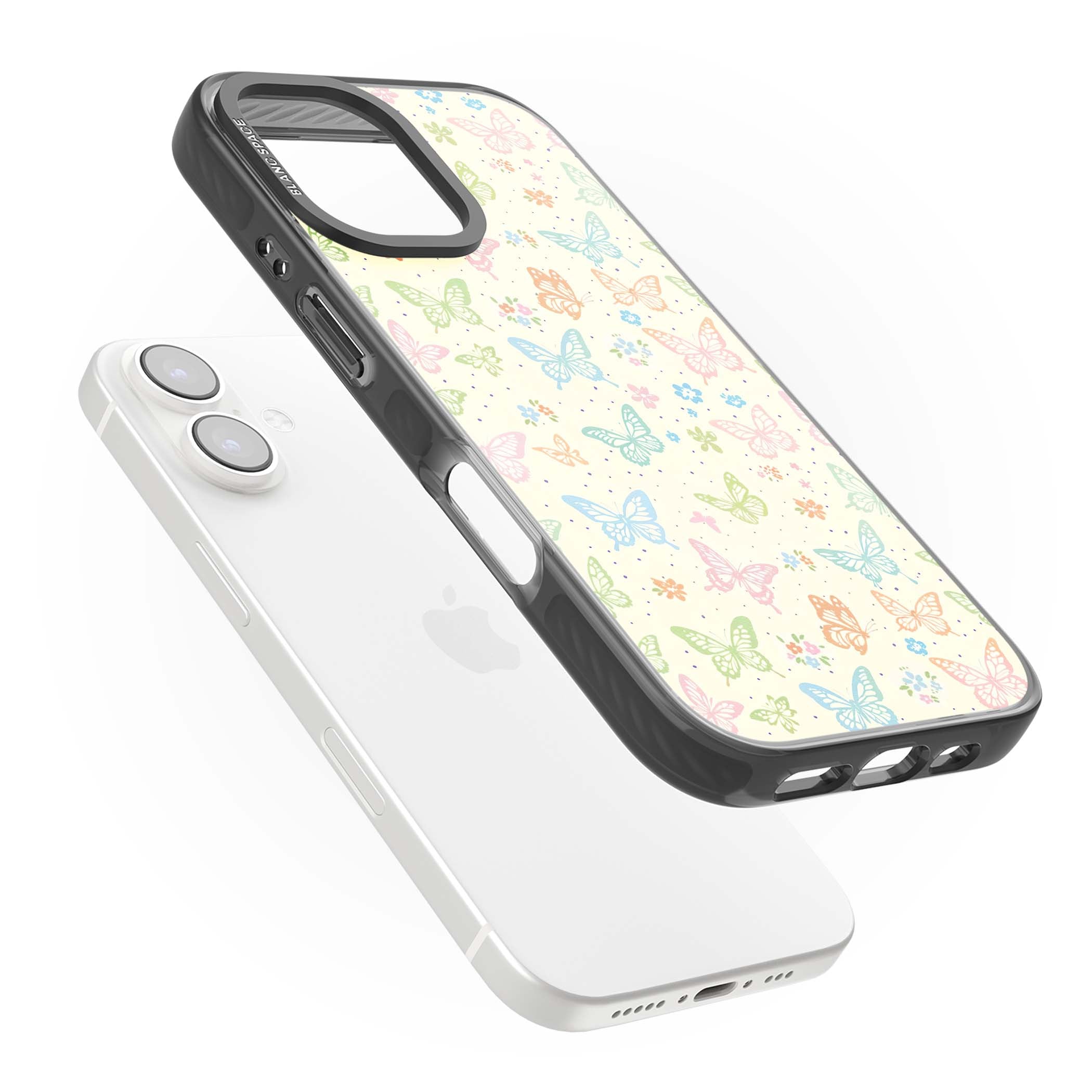 Sugar Wings cottagecore iPhone case featuring rainbow pastel butterflies, tiny wildflowers, and a cream background | Black Impact case for iPhone 16, iPhone 16 Plus