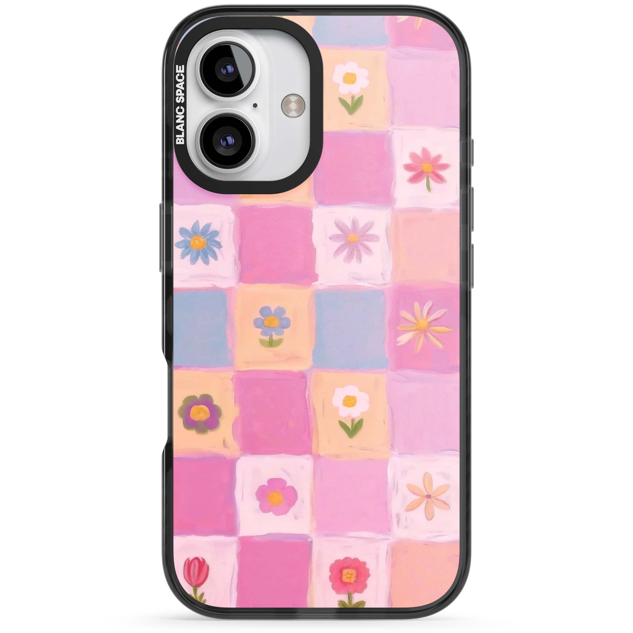 Pastel Flower Patchwork cottagecore iPhone case featuring painted pink and lilac squares with daisies and wildflowers | Black Impact case for iPhone 16, iPhone 16 Plus