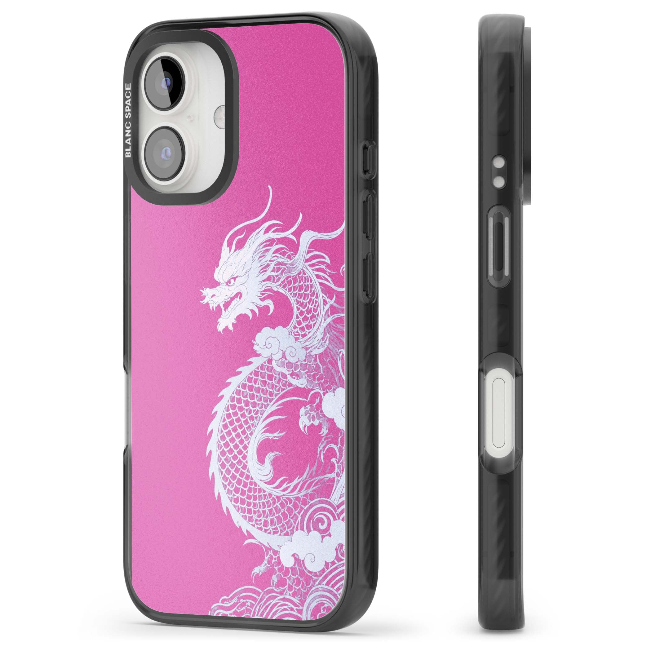 Pink Empress chinese dragon iPhone case featuring a white dragon, swirling clouds and pink dragon wallpaper backdrop | Black Impact case for iPhone 16, iPhone 16 Plus