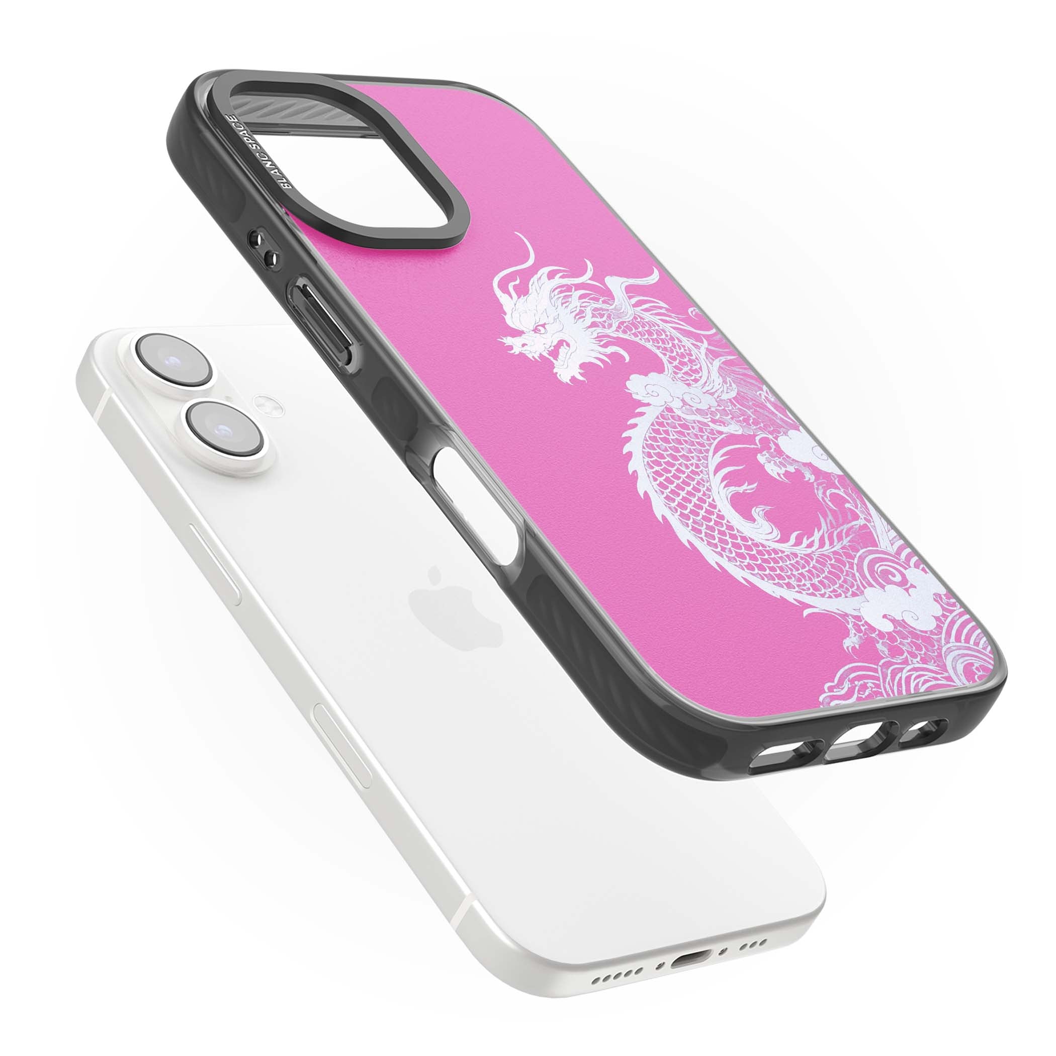 Pink Empress chinese dragon iPhone case featuring a white dragon, swirling clouds and pink dragon wallpaper backdrop | Black Impact case for iPhone 16, iPhone 16 Plus