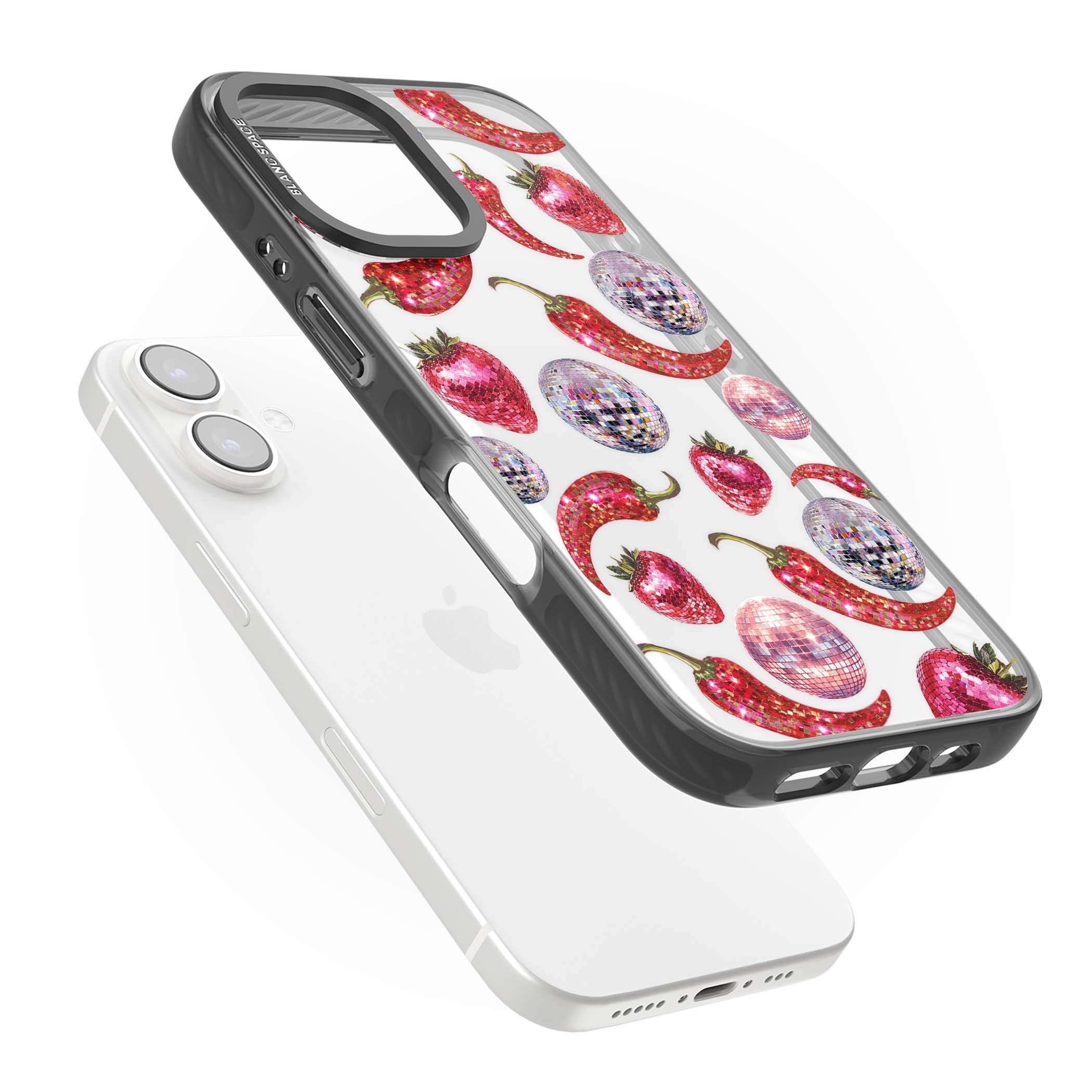 Spicy Disco Y2K iPhone case featuring glitter disco balls, sparkly strawberries and red chilli peppers | Black Impact case for iPhone 16, iPhone 16 Plus