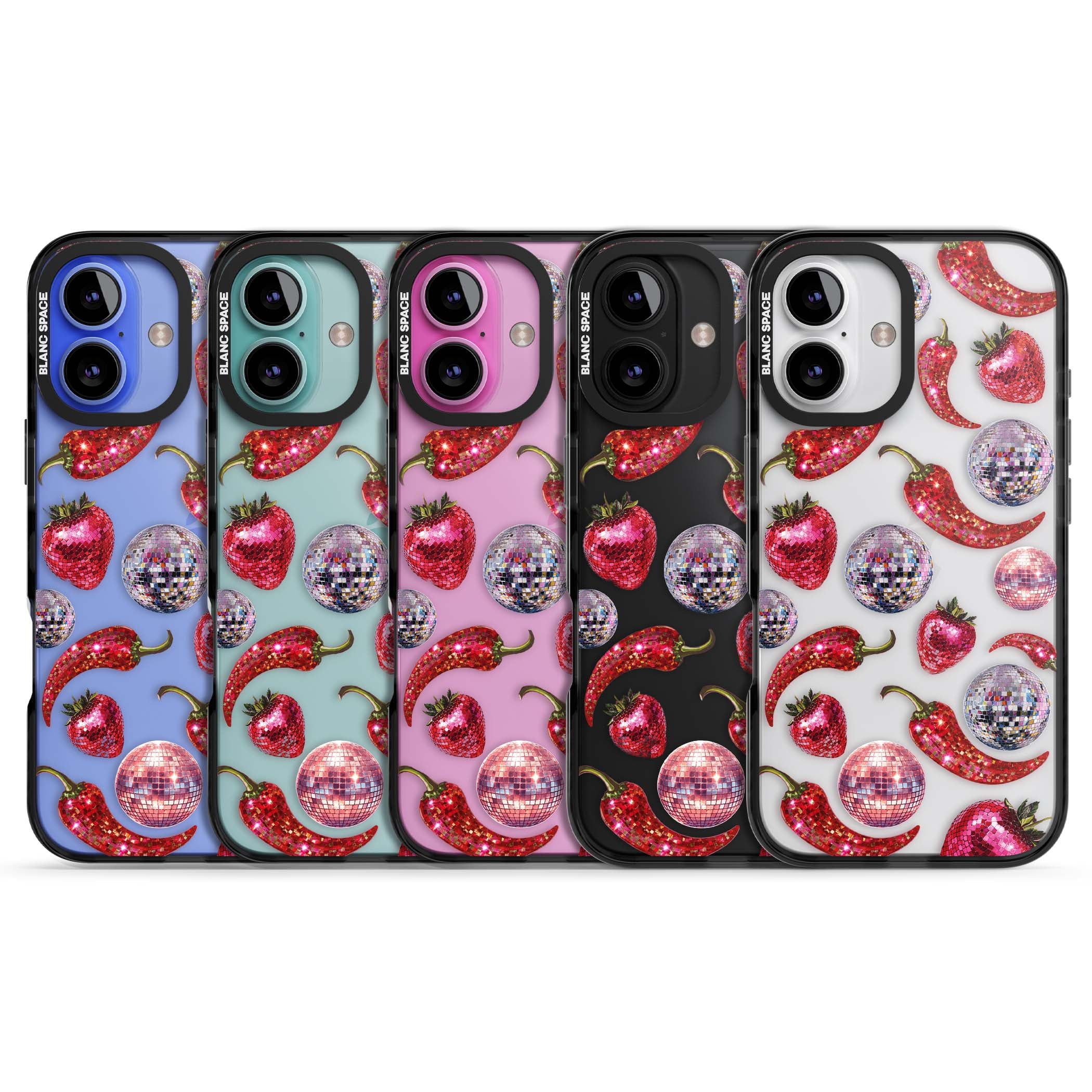 Spicy Disco Y2K iPhone case featuring glitter disco balls, sparkly strawberries and red chilli peppers | Black Impact case for iPhone 16, iPhone 16 Plus